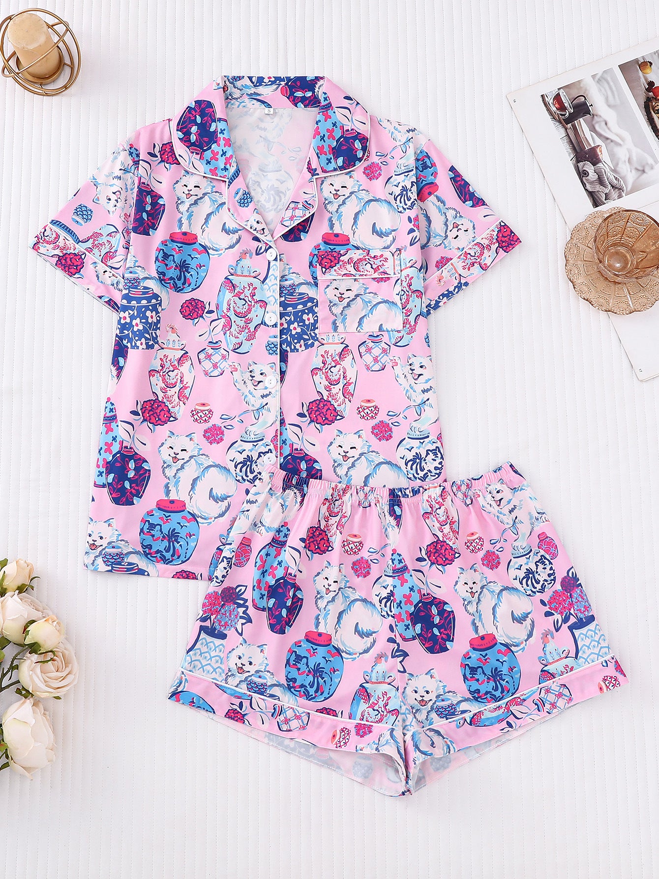 Chinoiserie Cat Short Pajama Set For Women