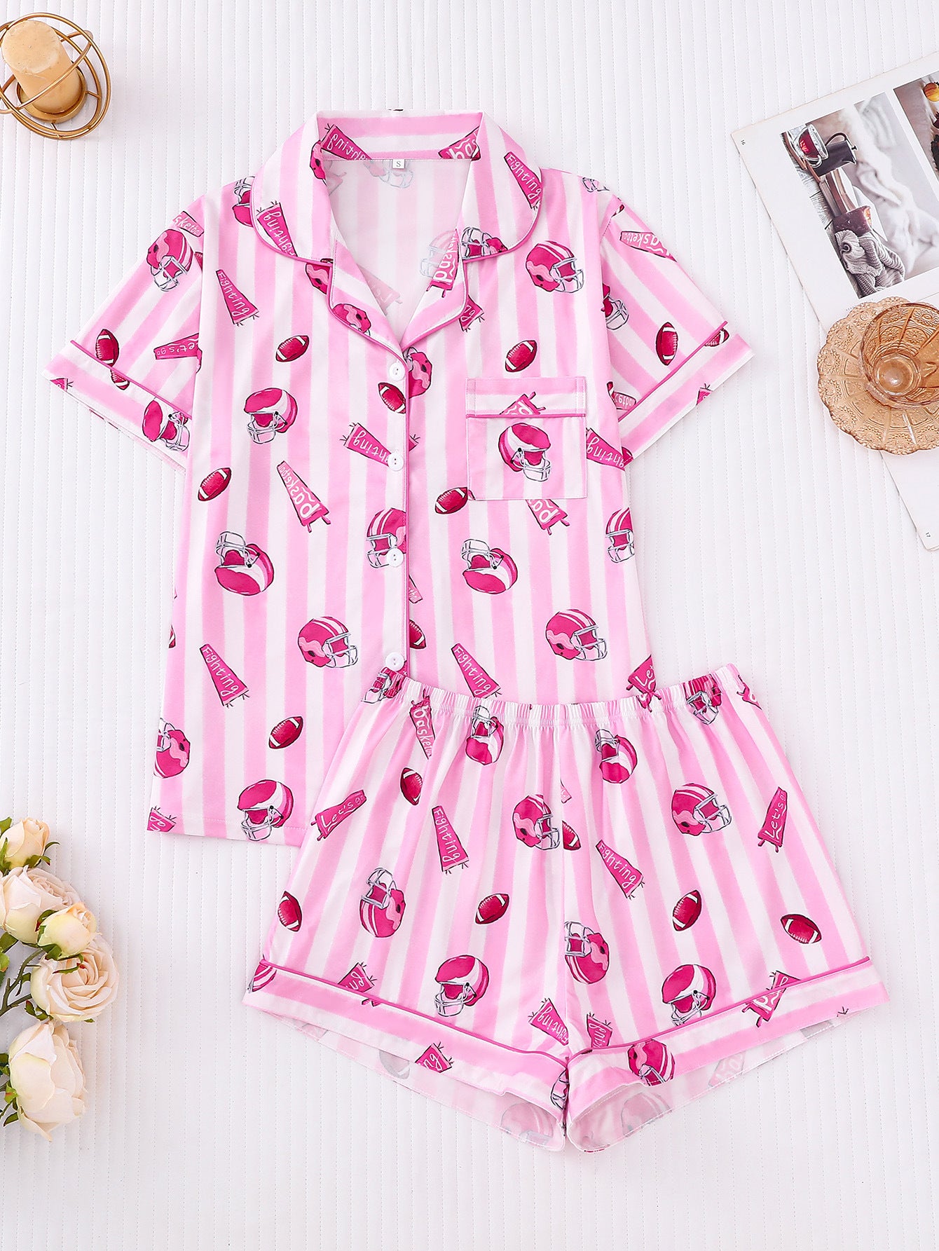 Pink Striped Baseball Short Pajama Set For Women