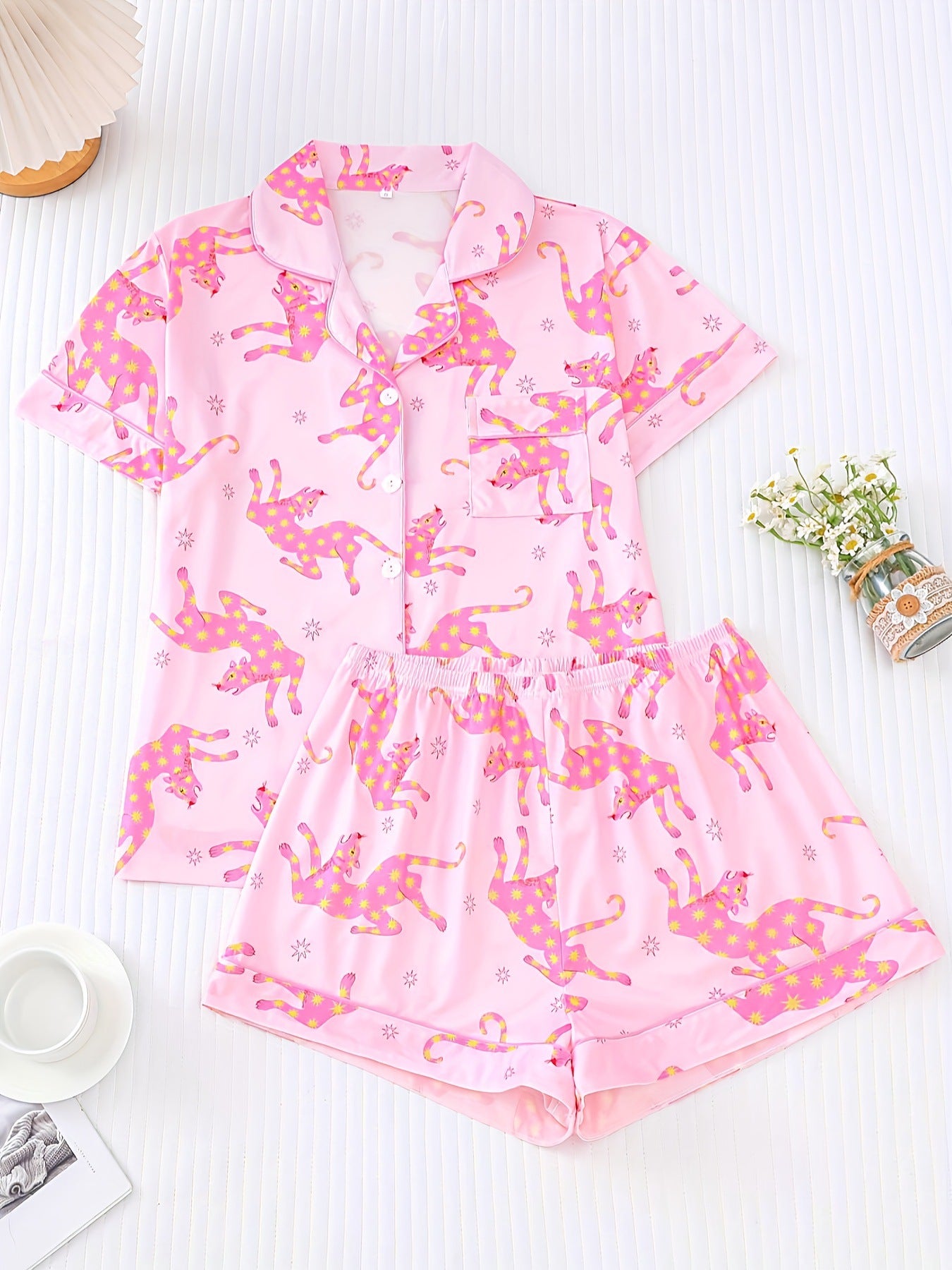 Stellar Pink Leopard Short Pajama Set For Women