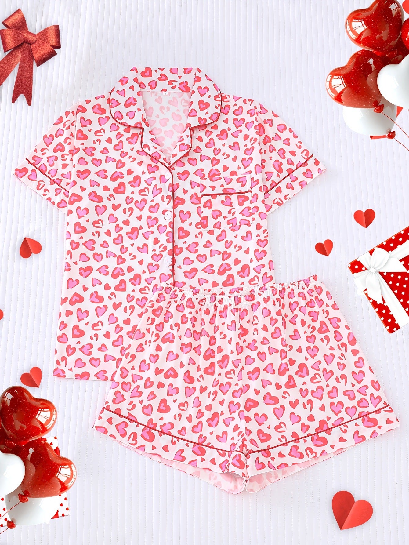 Heart-Print Leopard Short Pajama Set For Women