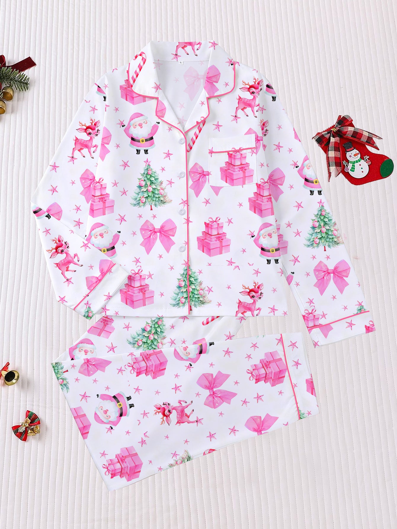 Pink Christmas Santa Long Pajama Set For Women