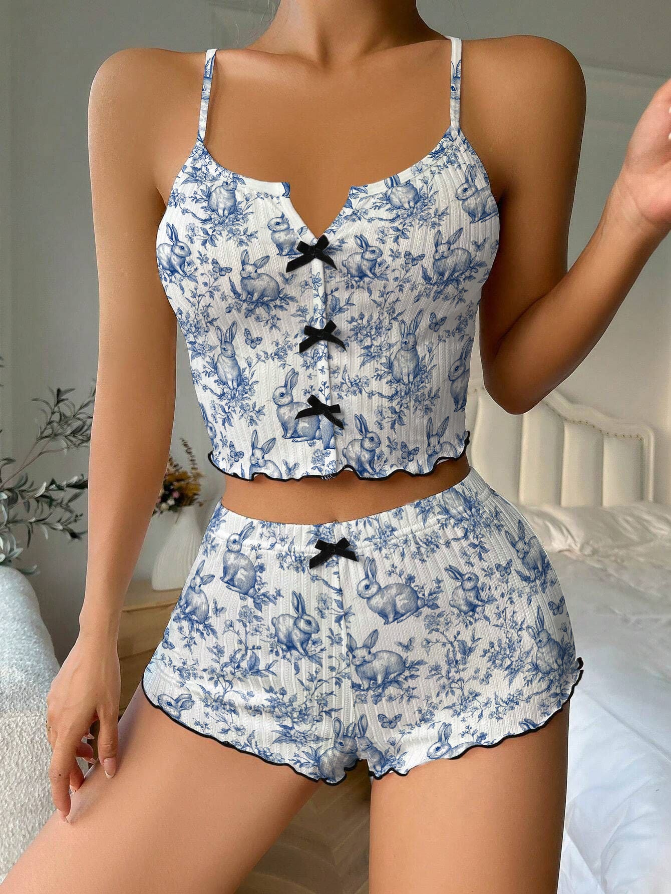 Toile De Jouy Bunny Bow Ribbed Knit Pajama Set For Women