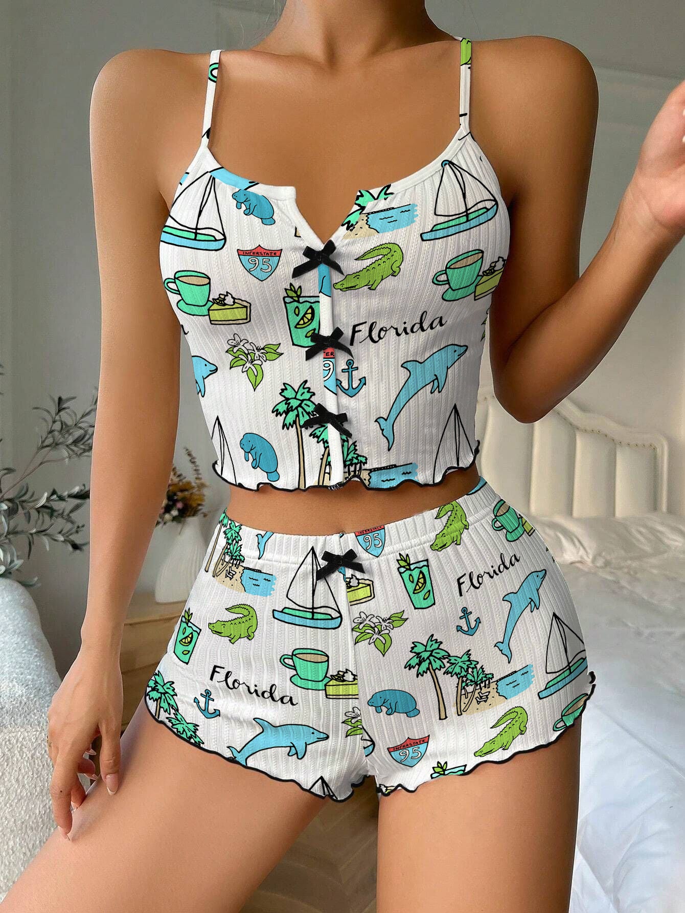 Florida Travel Bow Ribbed Knit Pajama Set For Women