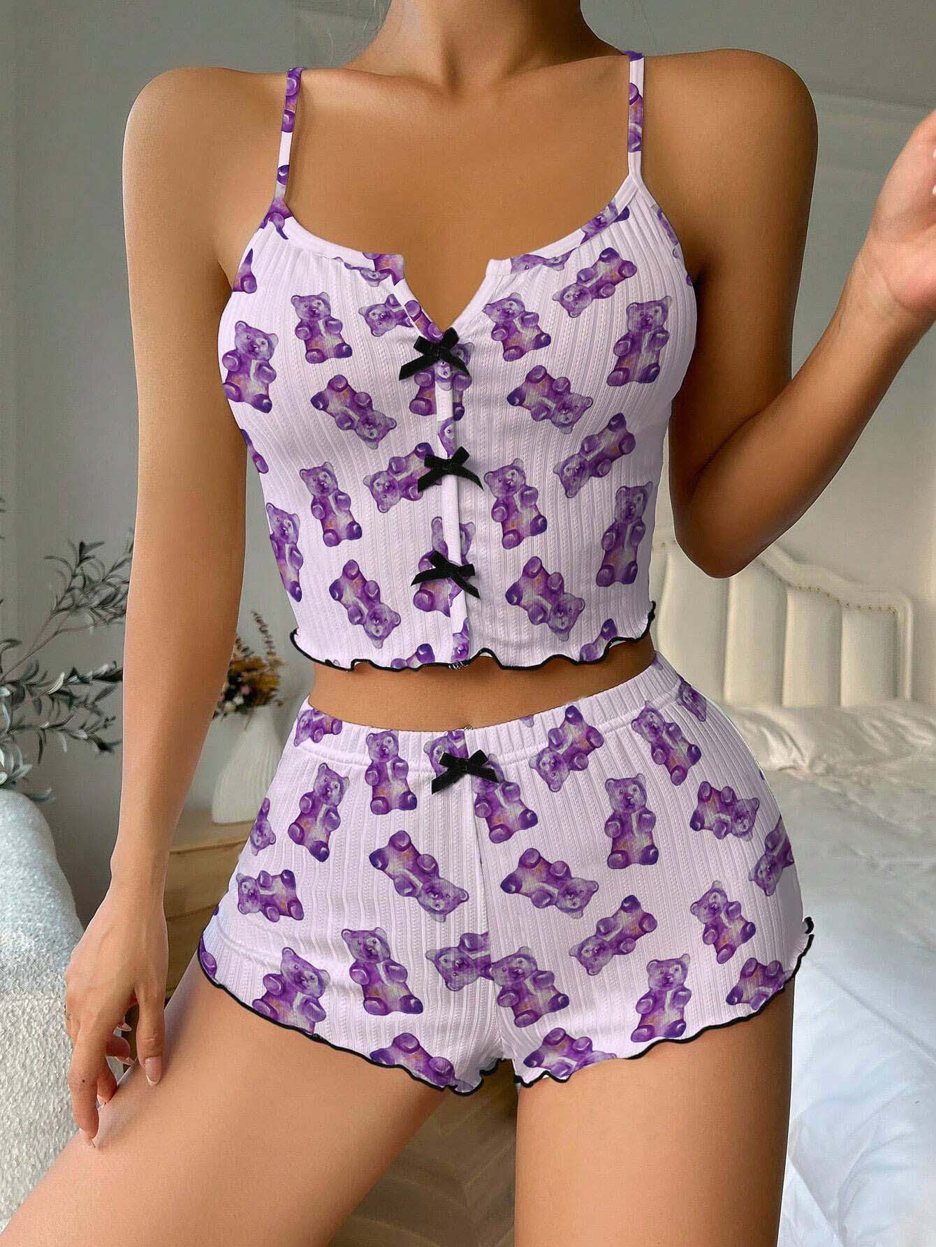 Purple Gummy Bears Bow Ribbed Knit Pajama Set For Women