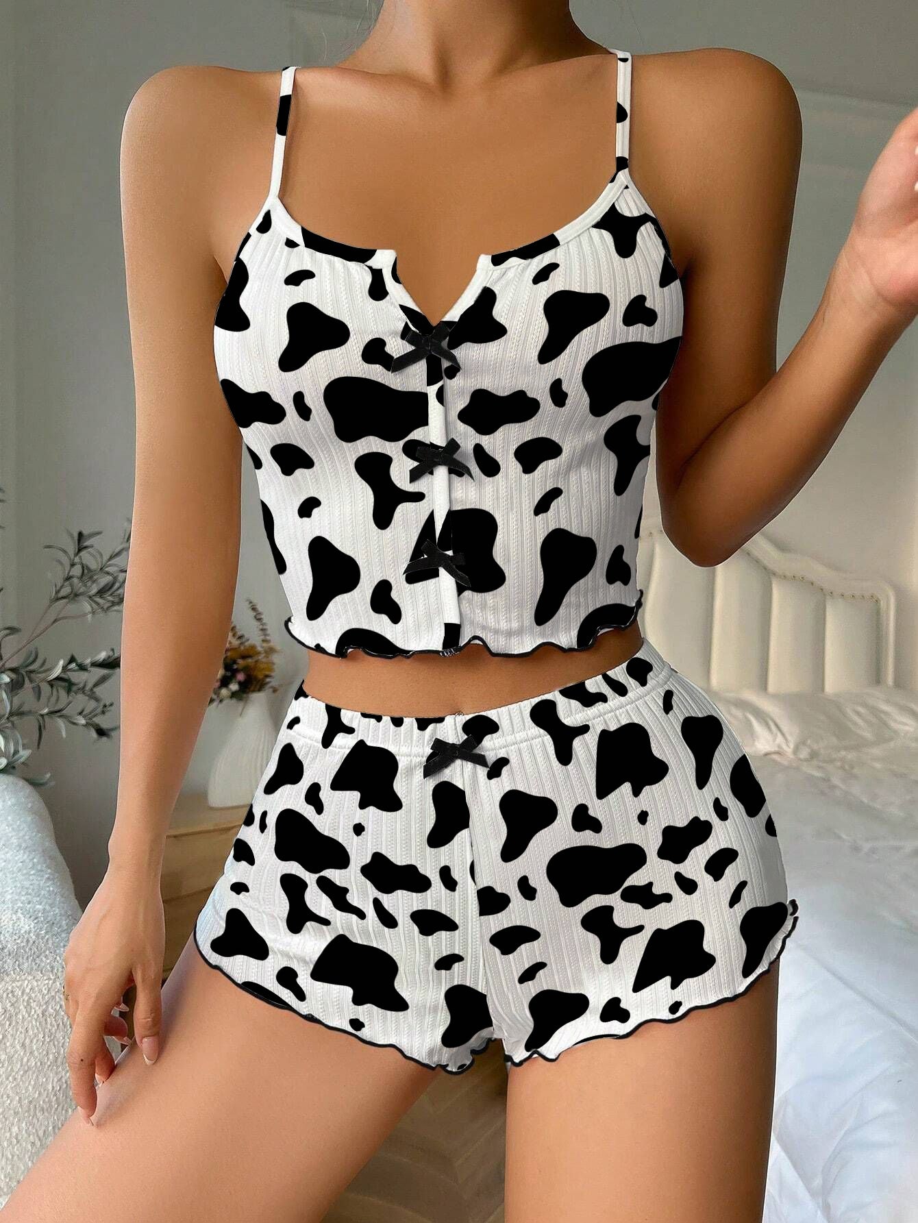 Black And White Cow Bow Ribbed Knit Pajama Set For Women
