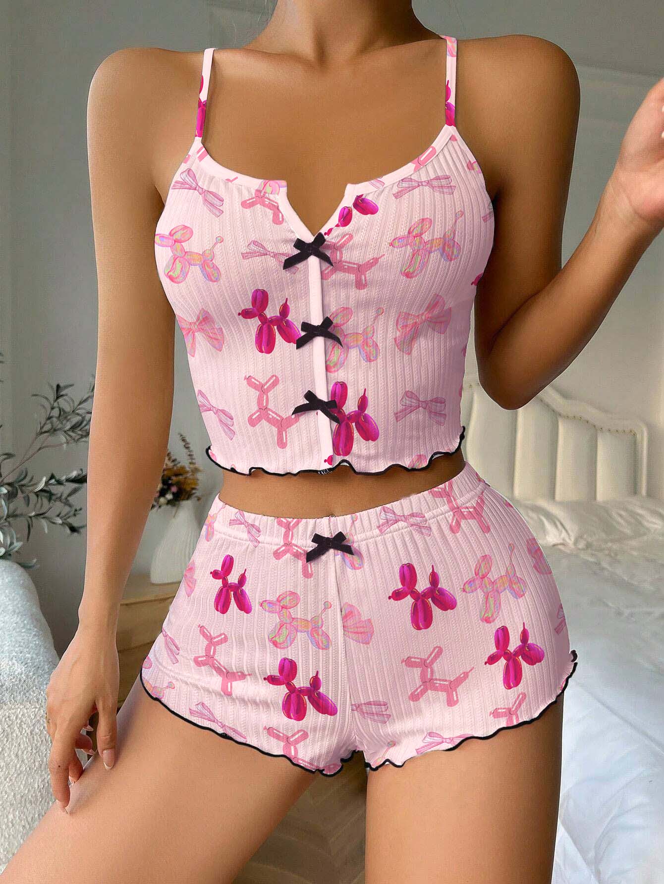 Pink Balloon Puppy Bow Ribbed Knit Pajama Set For Women