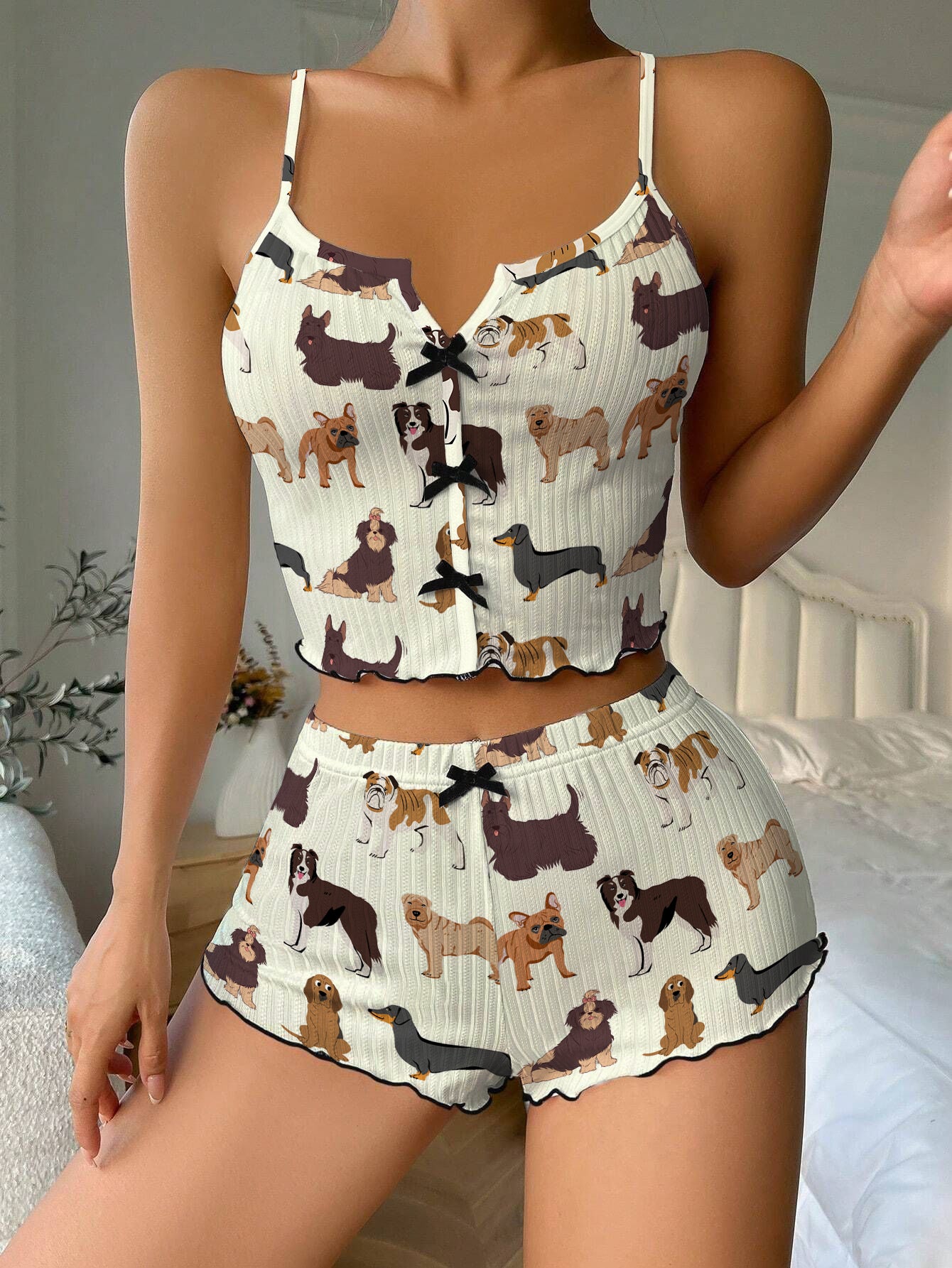 Cute Cartoon Puppies Bow Ribbed Knit Pajama Set For Women