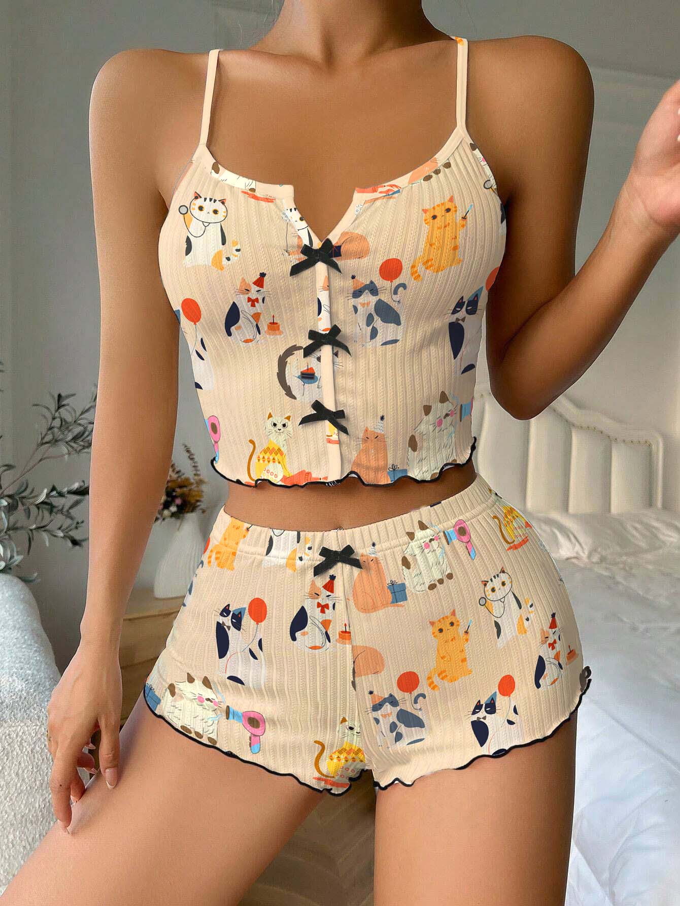 Cats Daily Life Bow Ribbed Knit Pajama Set For Women