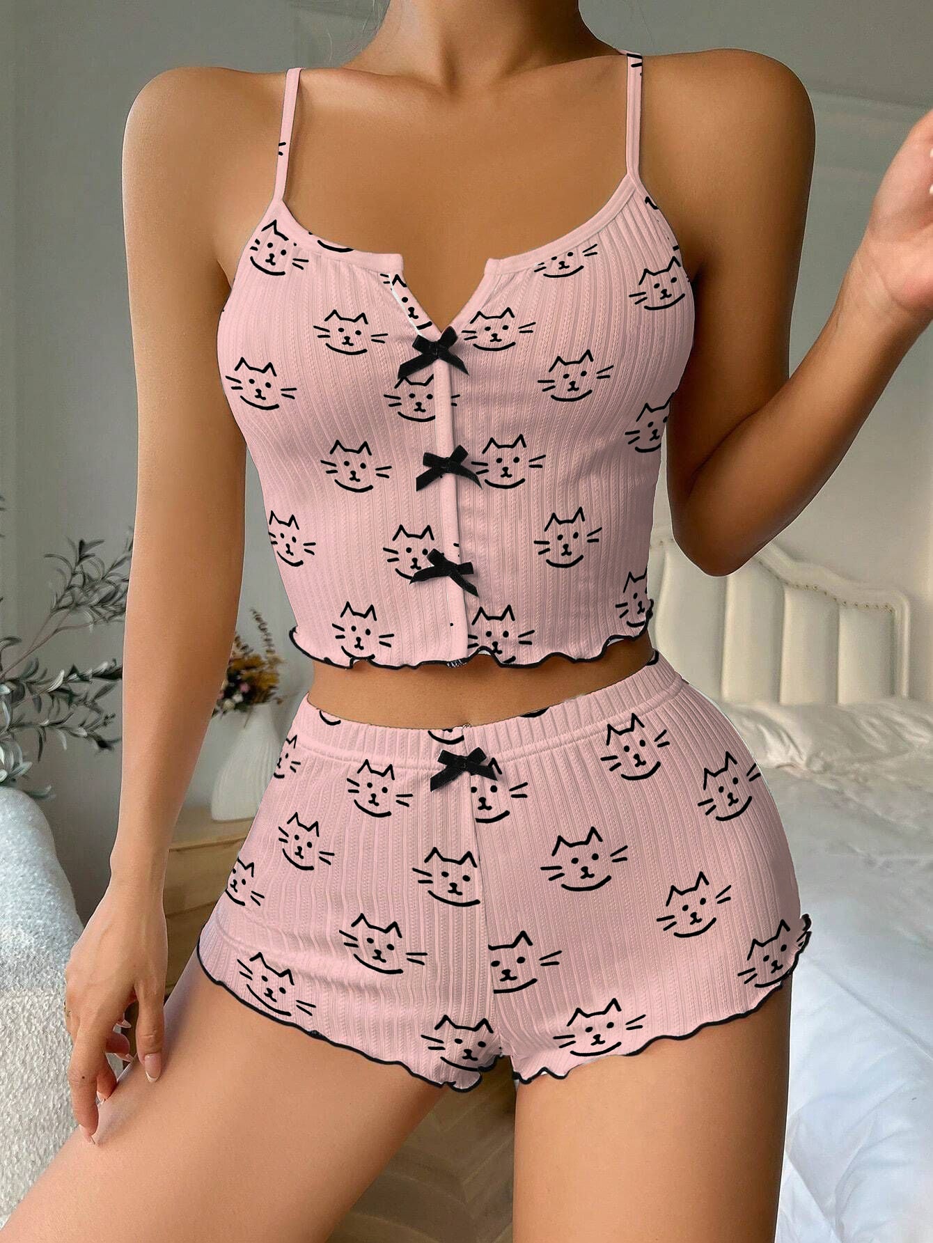 Pink Cute Cats Bow Ribbed Knit Pajama Set For Women