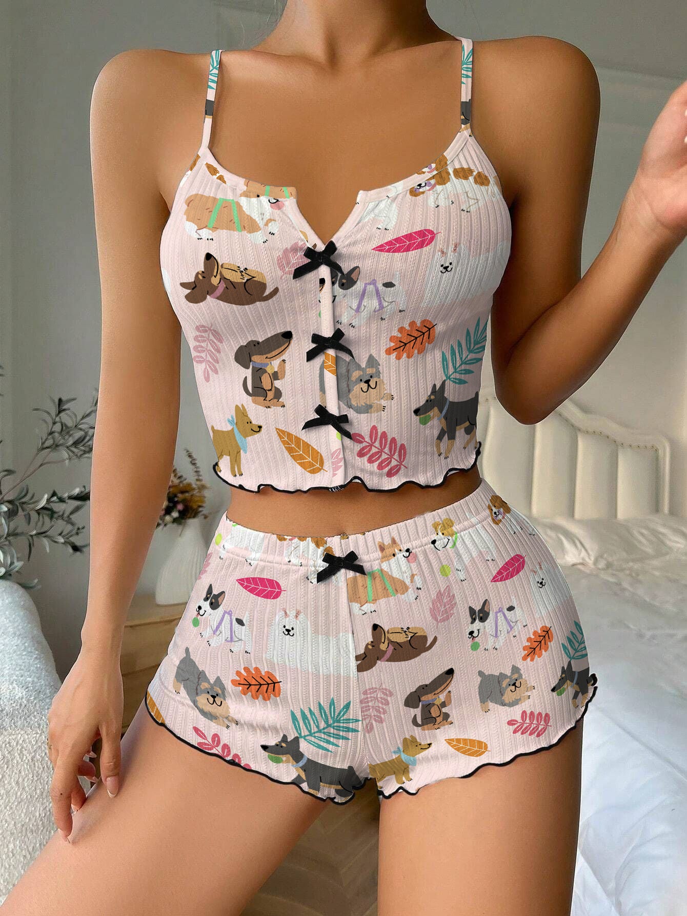 Pink Cute Puppies Bow Ribbed Knit Pajama Set For Women