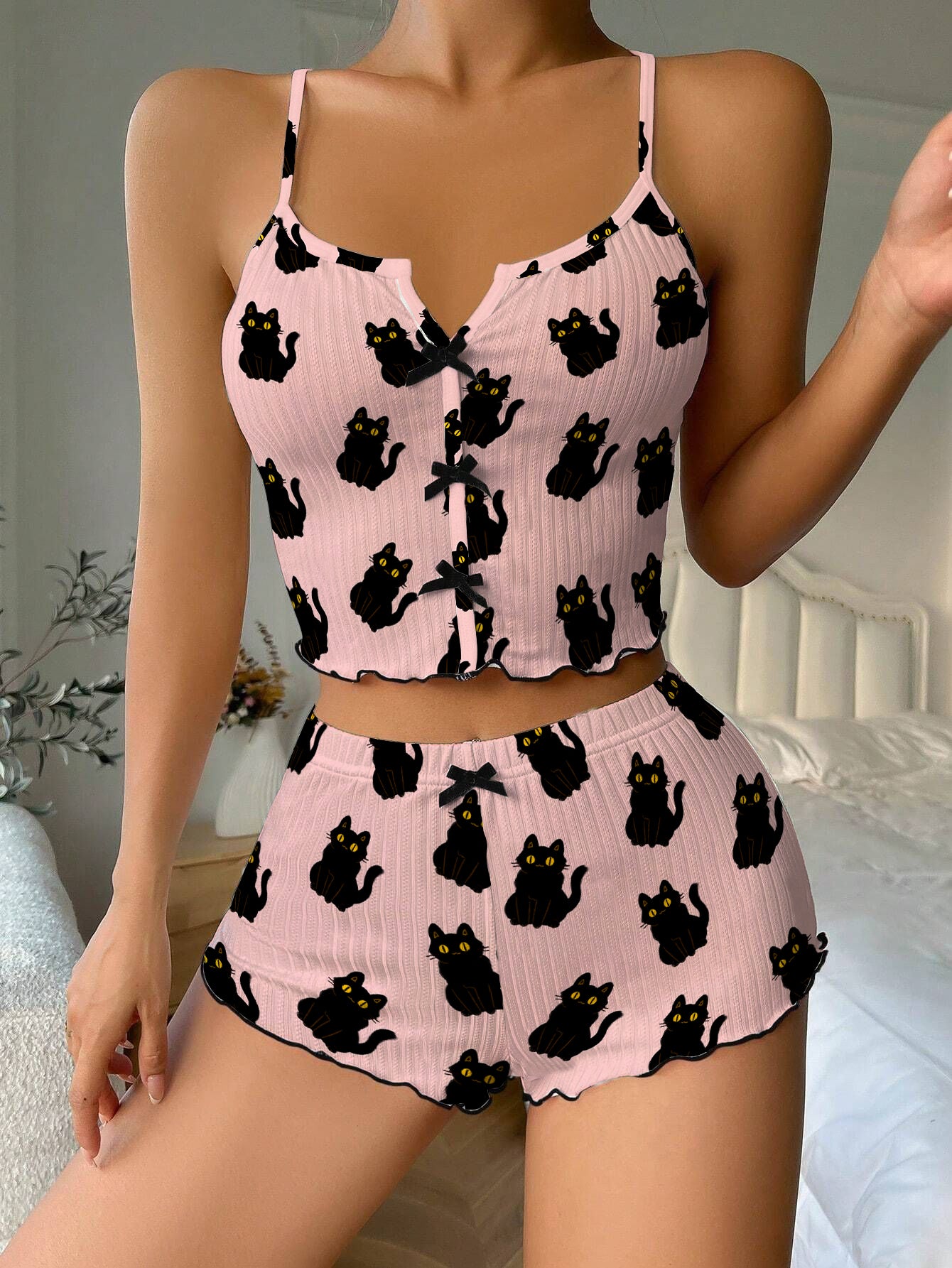 Pink Black Cat Bow Ribbed Knit Pajama Set For Women