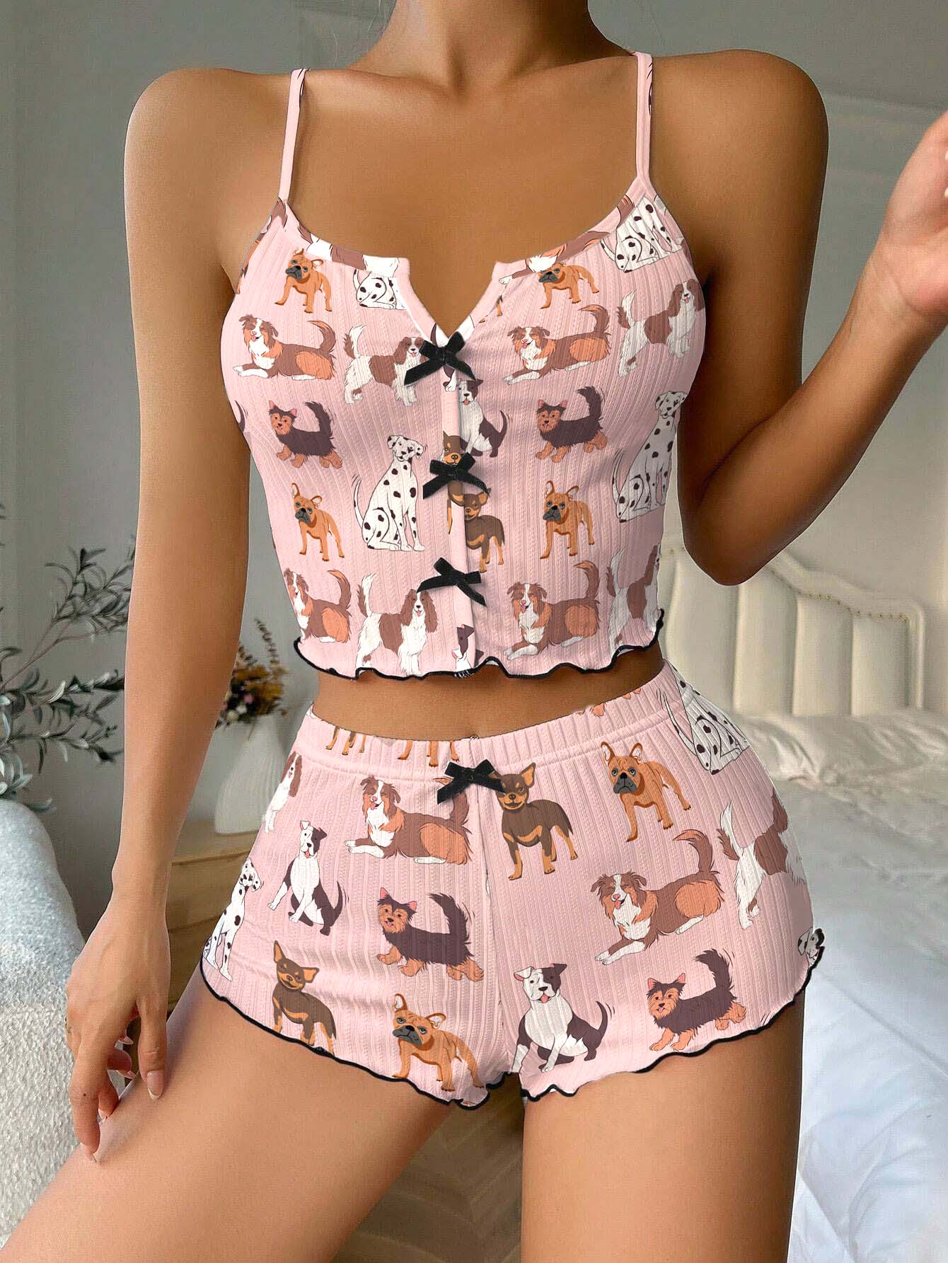 Pink Cartoon Puppies Bow Ribbed Knit Pajama Set For Women