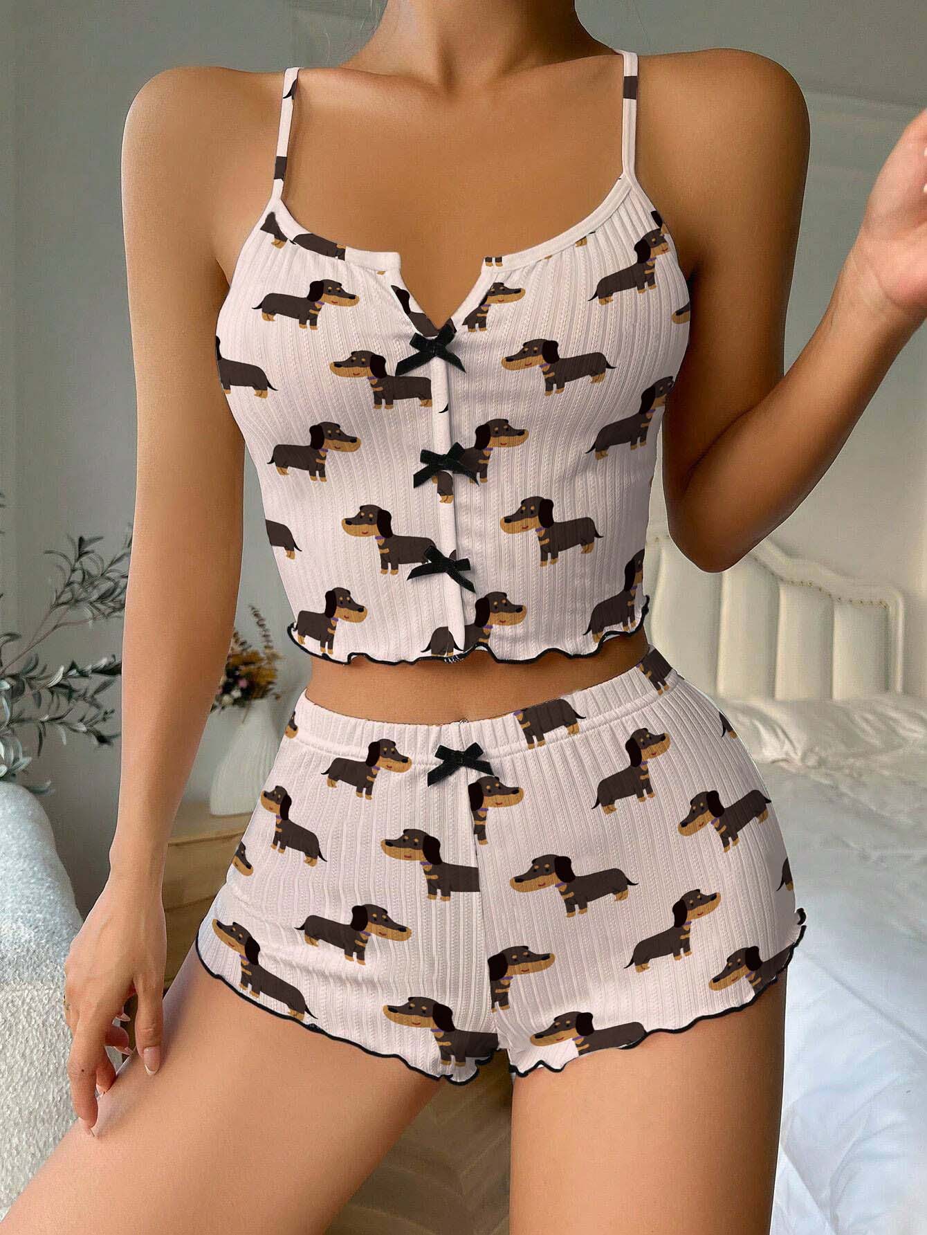 Pink Dachshund Bow Ribbed Knit Pajama Set For Women