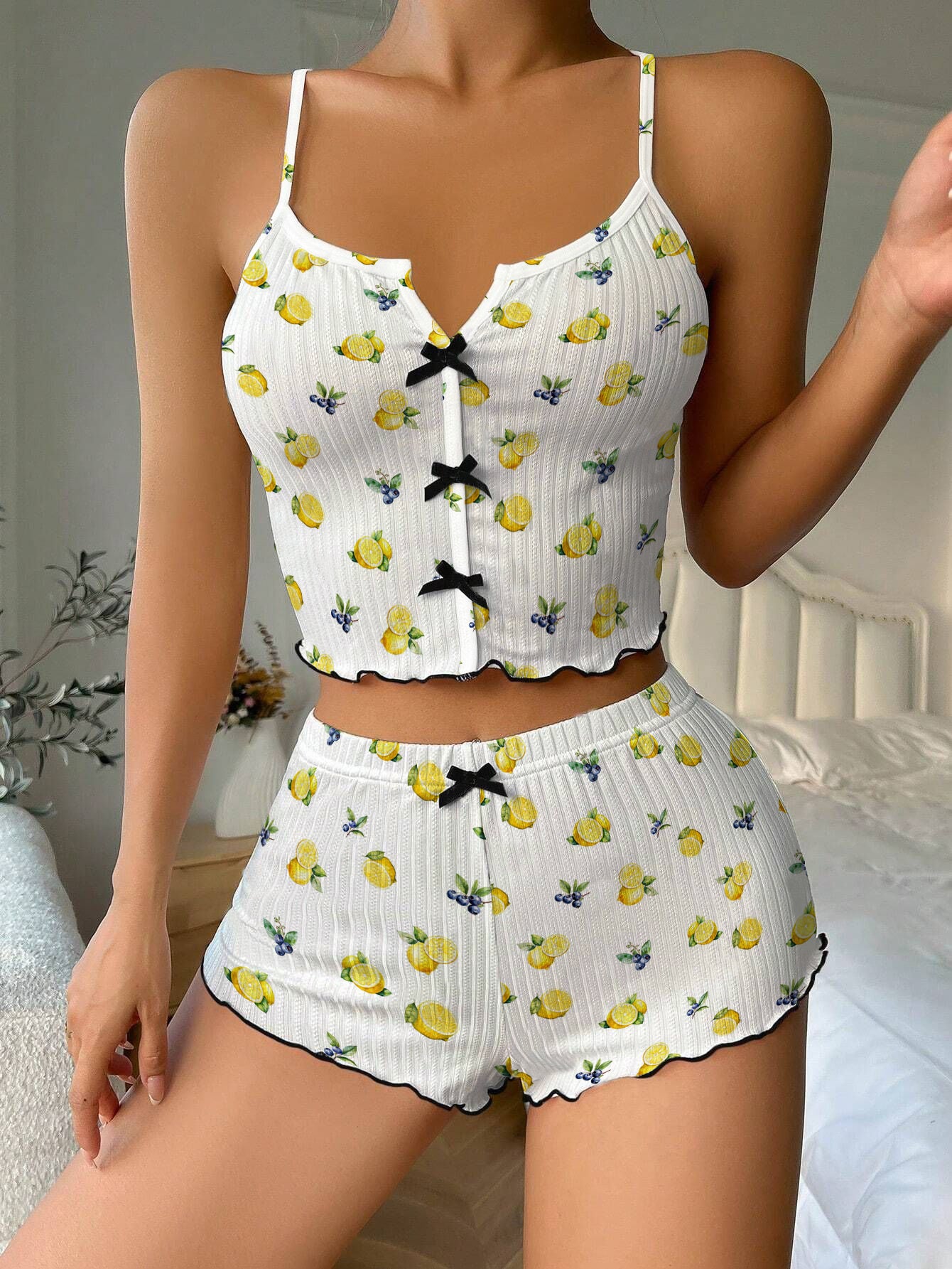 Lemon Blueberry Bow Ribbed Knit Pajama Set For Women