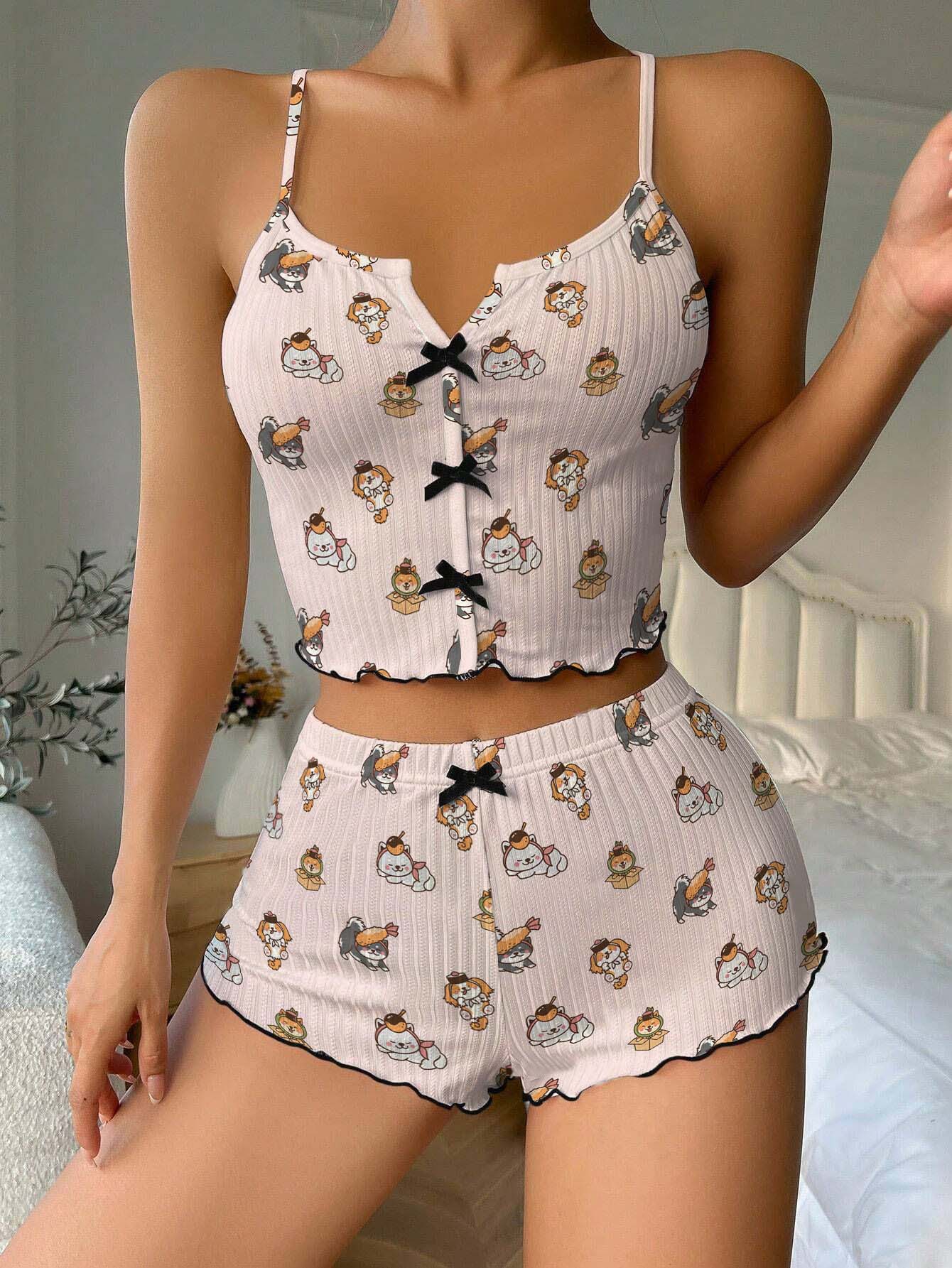 Shiba Inu Bow Ribbed Knit Pajama Set For Women