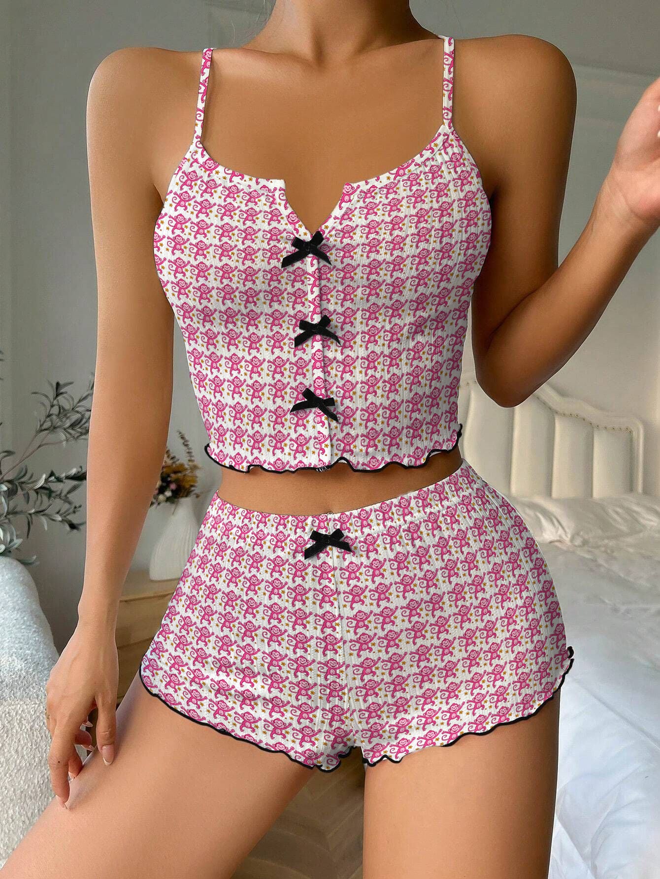 Pink Happy Preppy Monkey Bow Ribbed Knit Pajama Set For Women