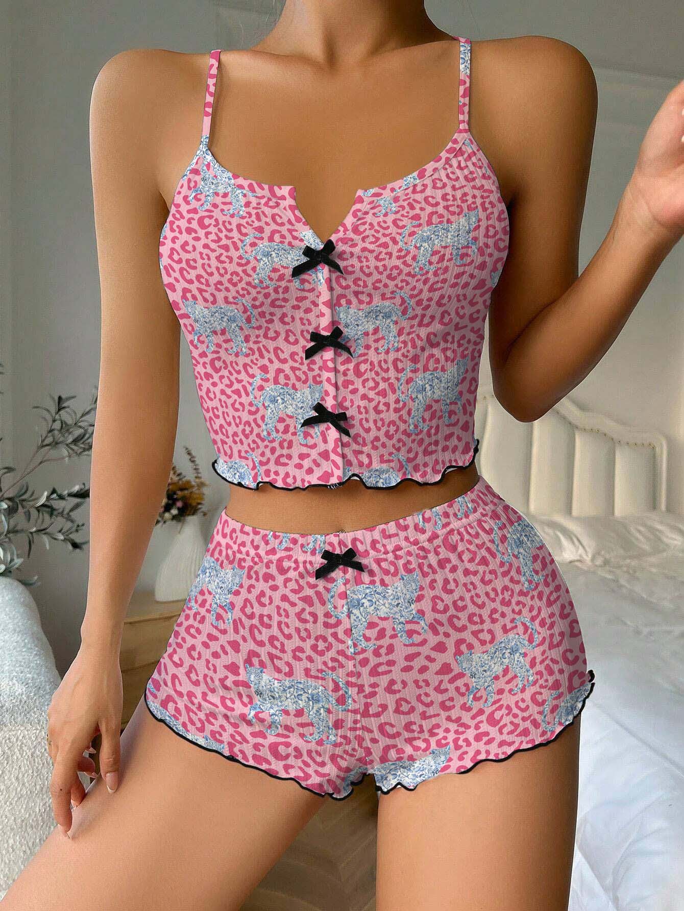 Hot Pink leopard Bow Ribbed Knit Pajama Set For Women