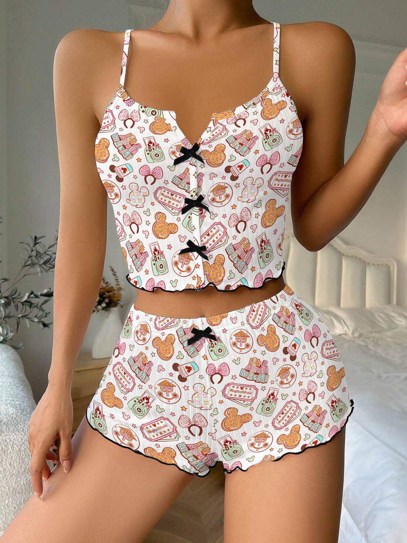 Magical World Mouse Parks Bow Ribbed Knit Pajama Set For Women
