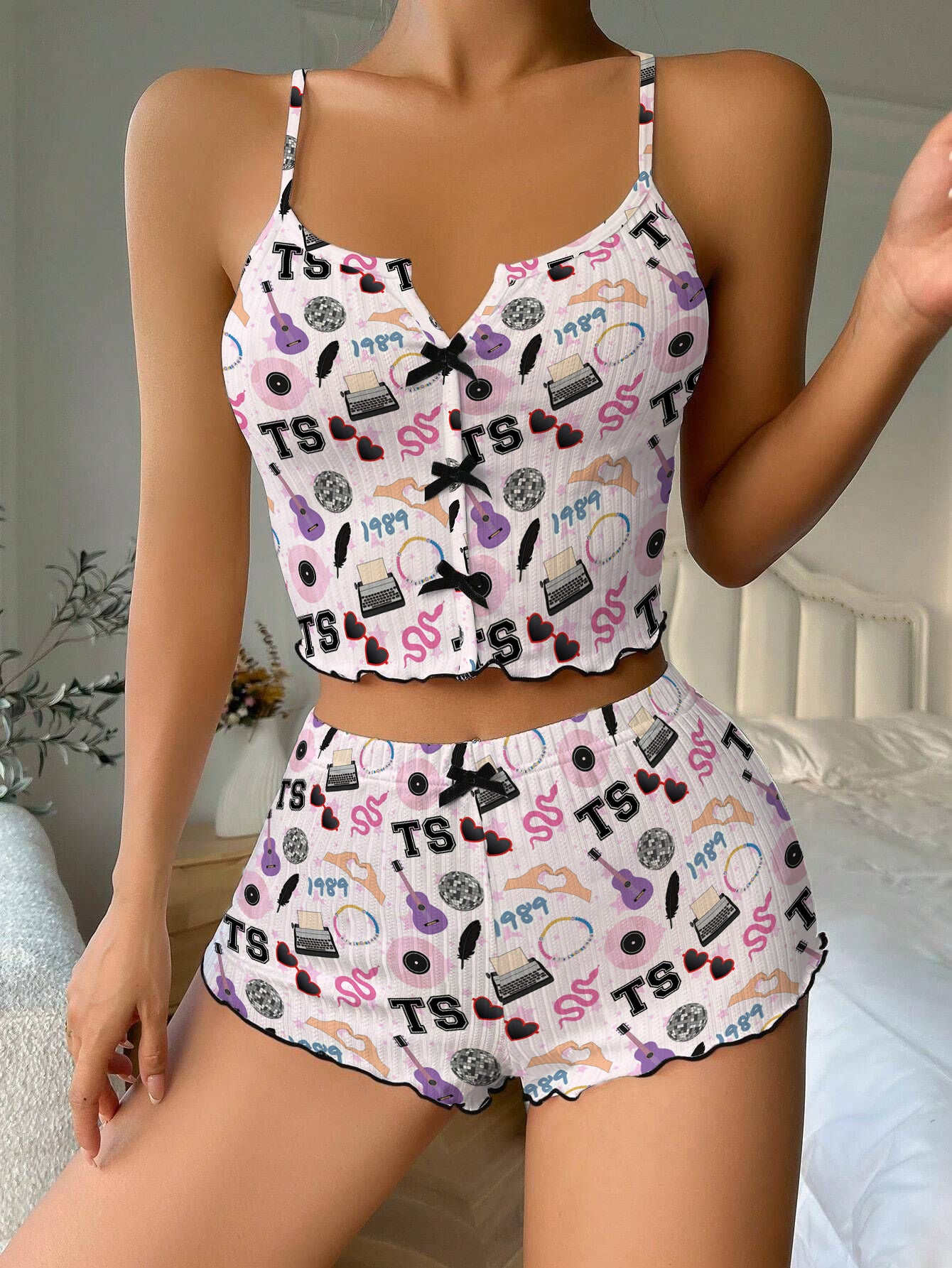 TS Eras Tour Bow Ribbed Knit Pajama Set For Women