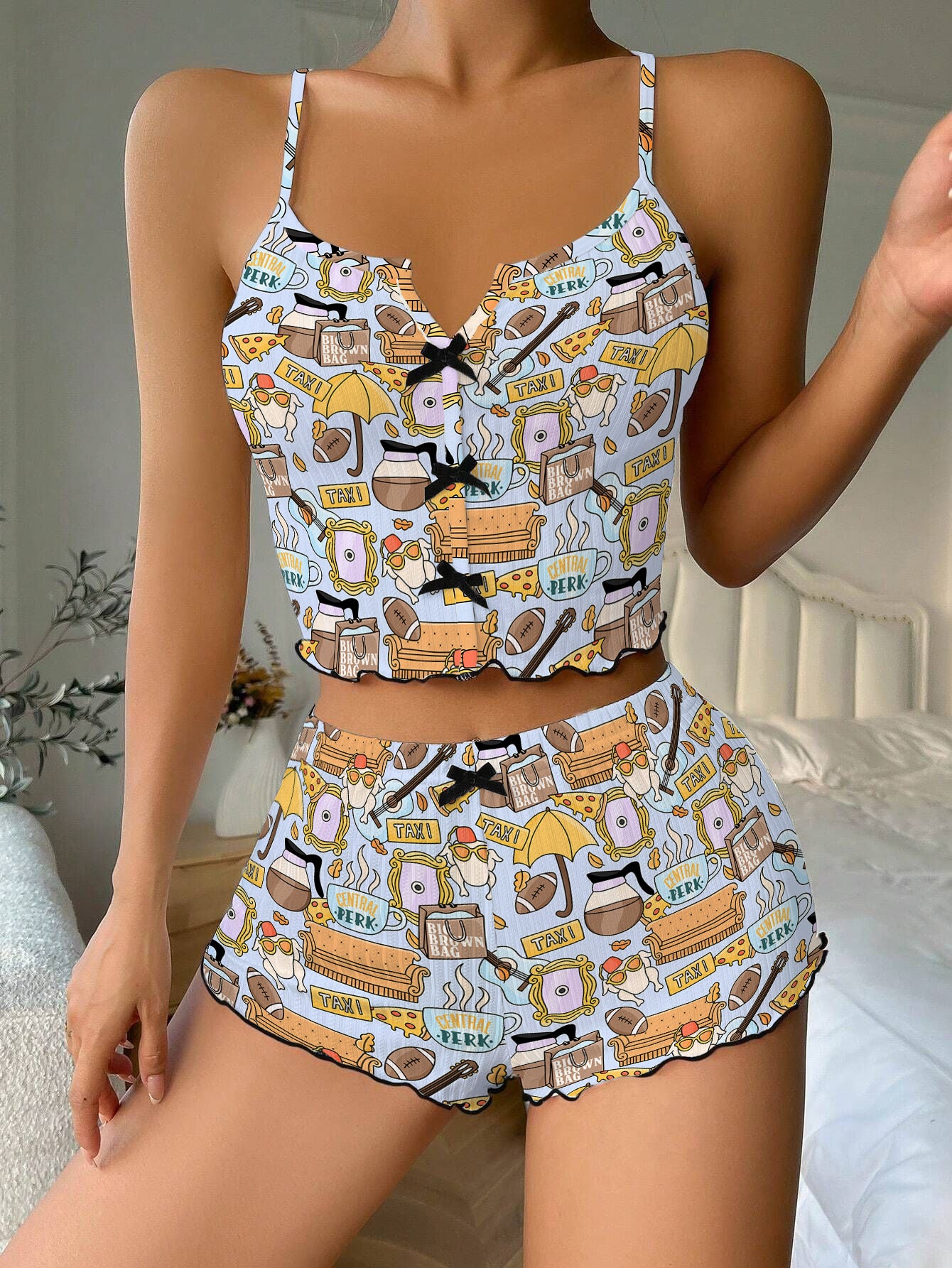 Friends Series Bow Ribbed Knit Pajama Set For Women