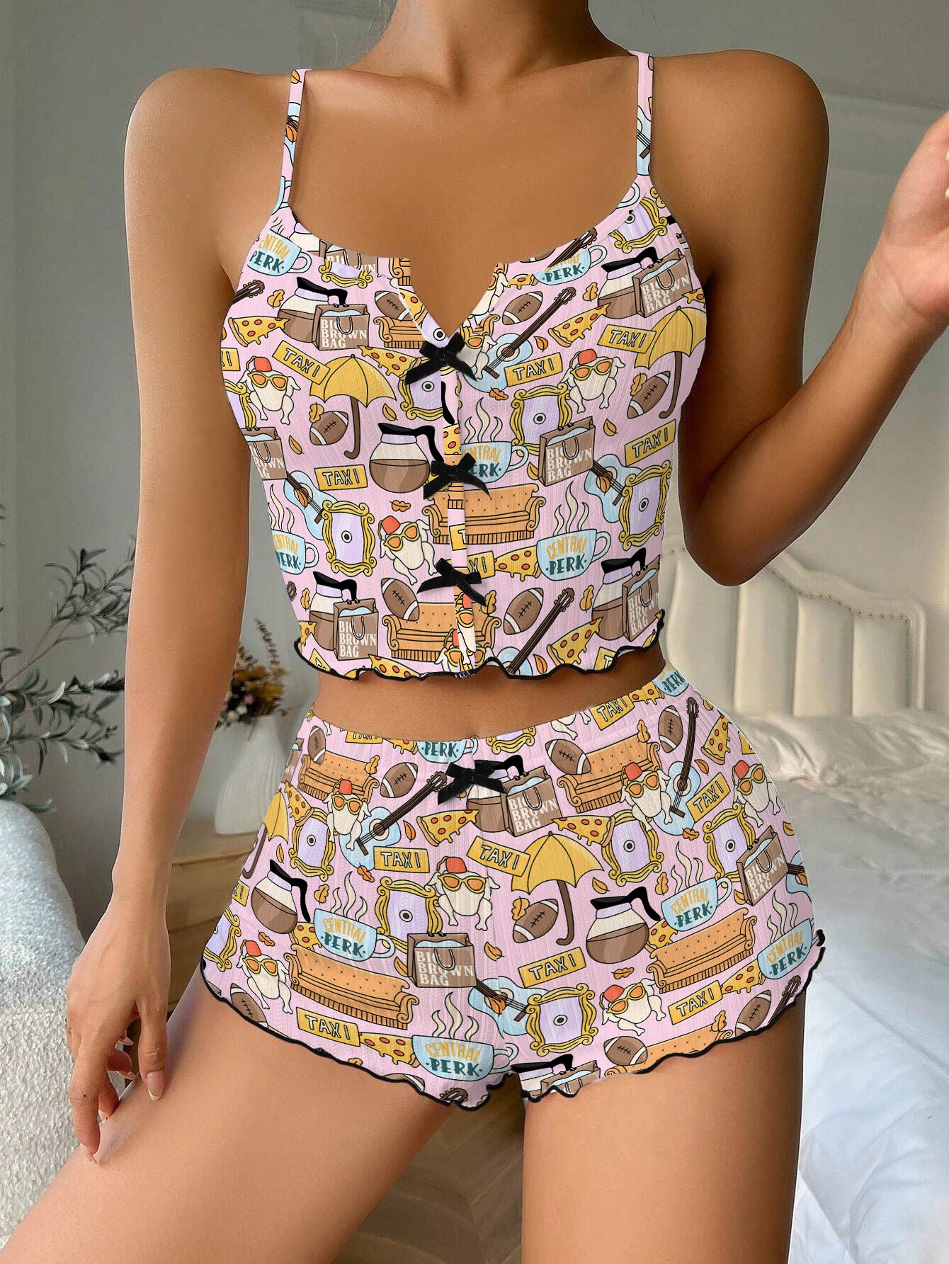 Friends Series Bow Ribbed Knit Pajama Set For Women