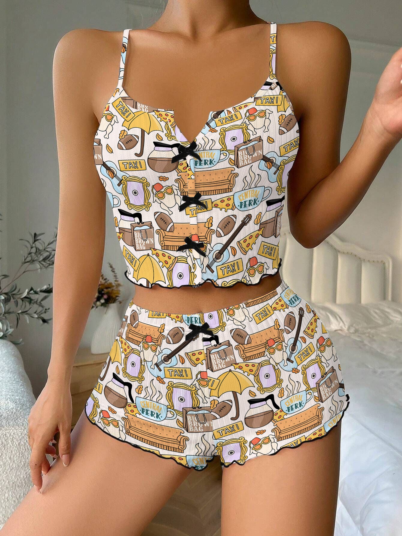 Friends Series Bow Ribbed Knit Pajama Set For Women