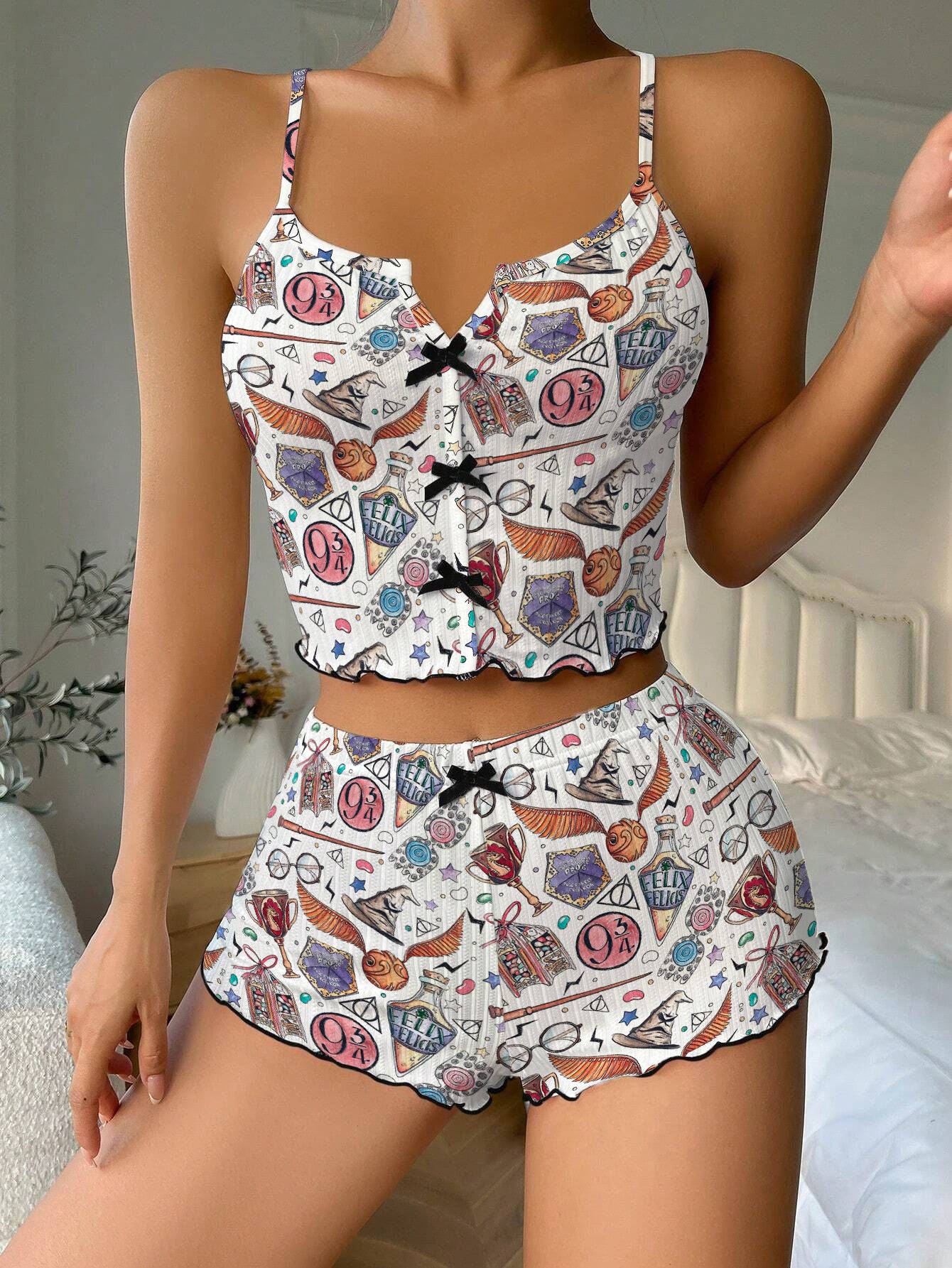 HP Wizard Academy Bow Ribbed Knit Pajama Set For Women