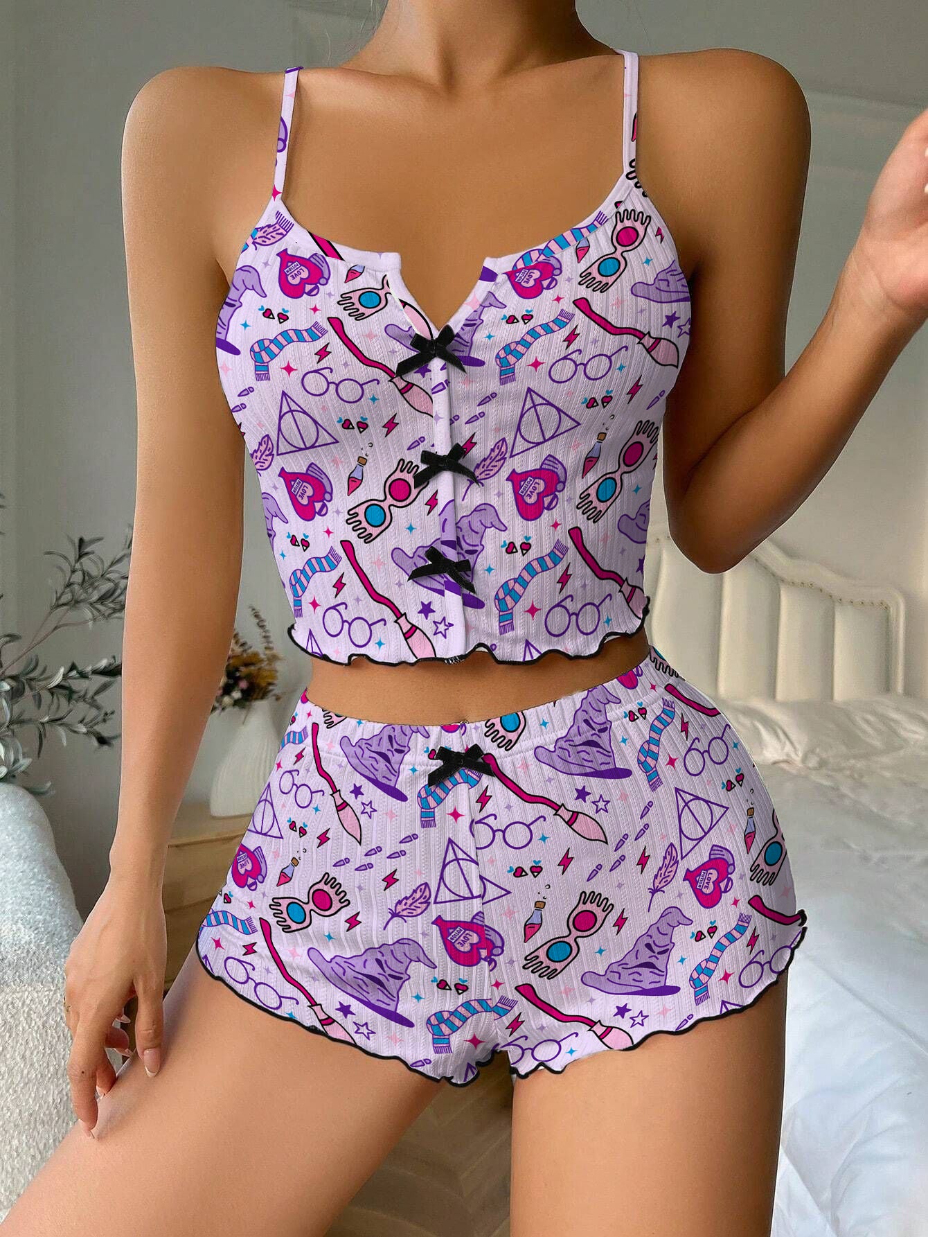 Purple Wizard Hat Bow Ribbed Knit Pajama Set For Women