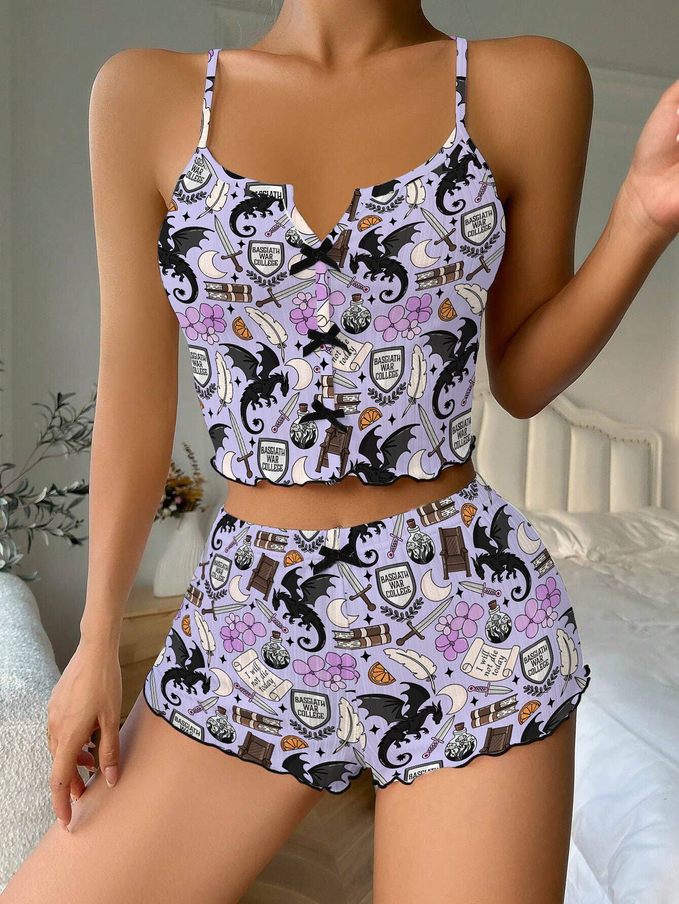 Fourth Wing Bow Ribbed Knit Pajama Set For Women