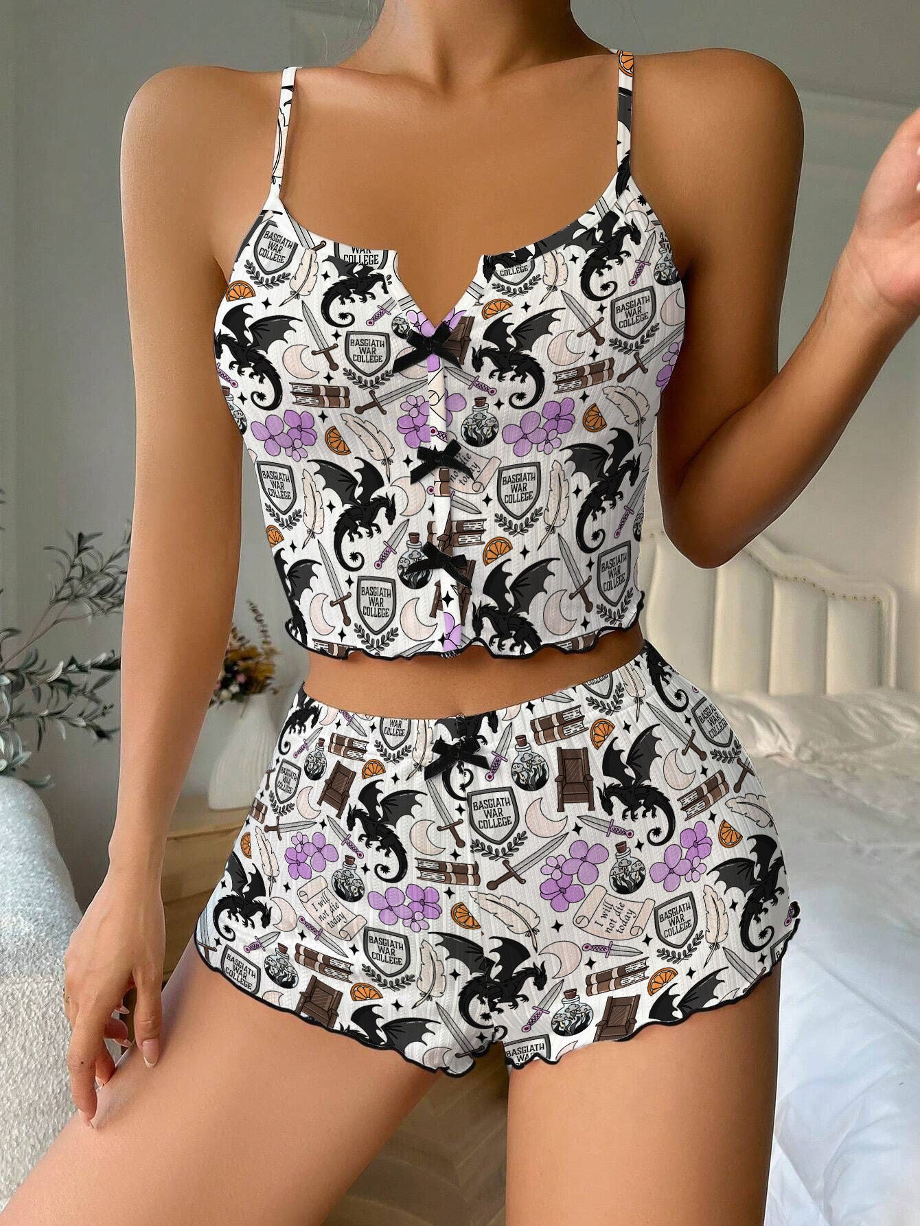 Fourth Wing Bow Ribbed Knit Pajama Set For Women