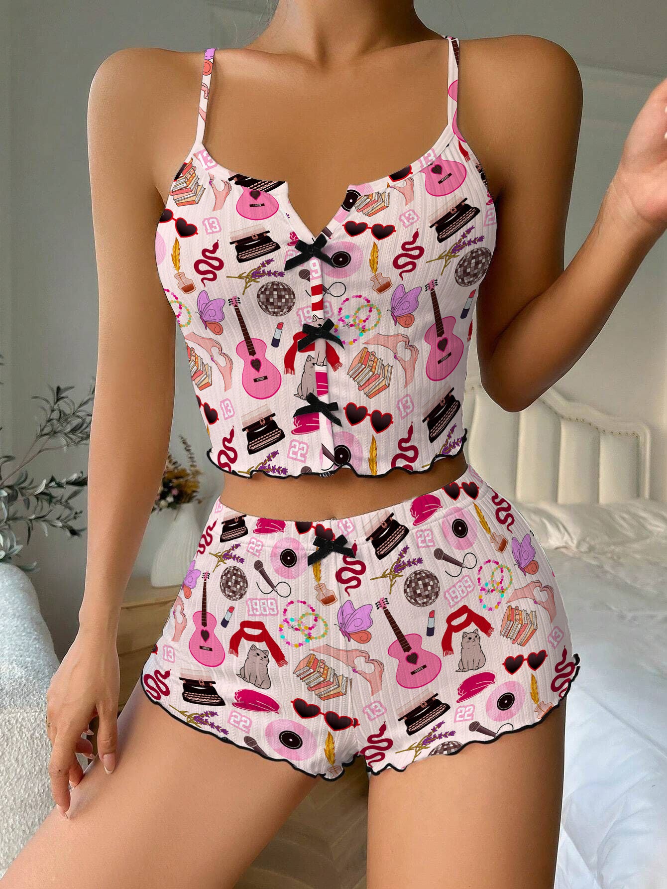 TS Music Artists Guitar Girl Bow Ribbed Knit Pajama Set For Women