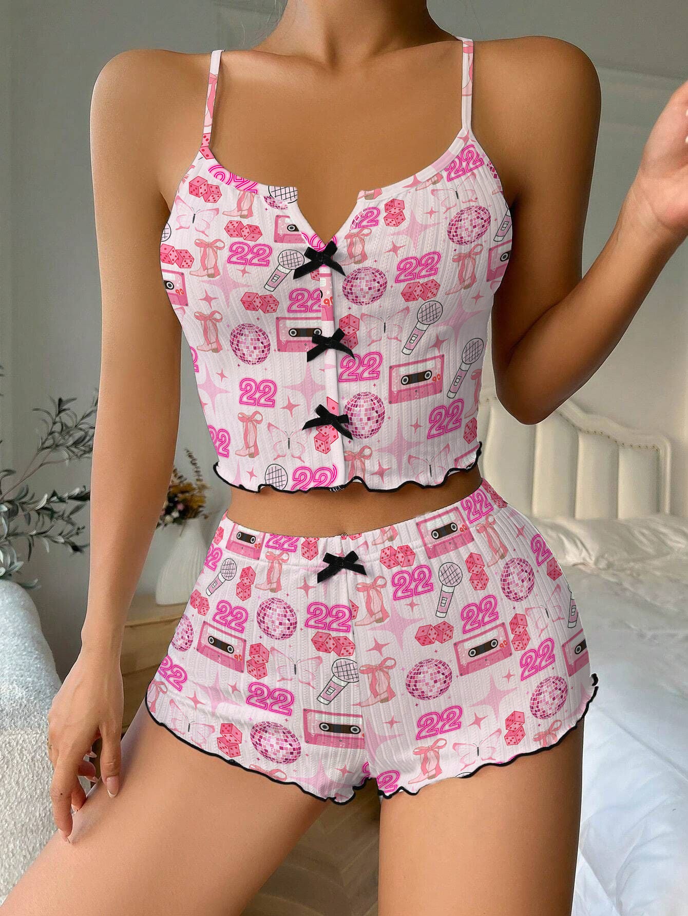 Swifties Music Pink Girl Bow Ribbed Knit Pajama Set For Women