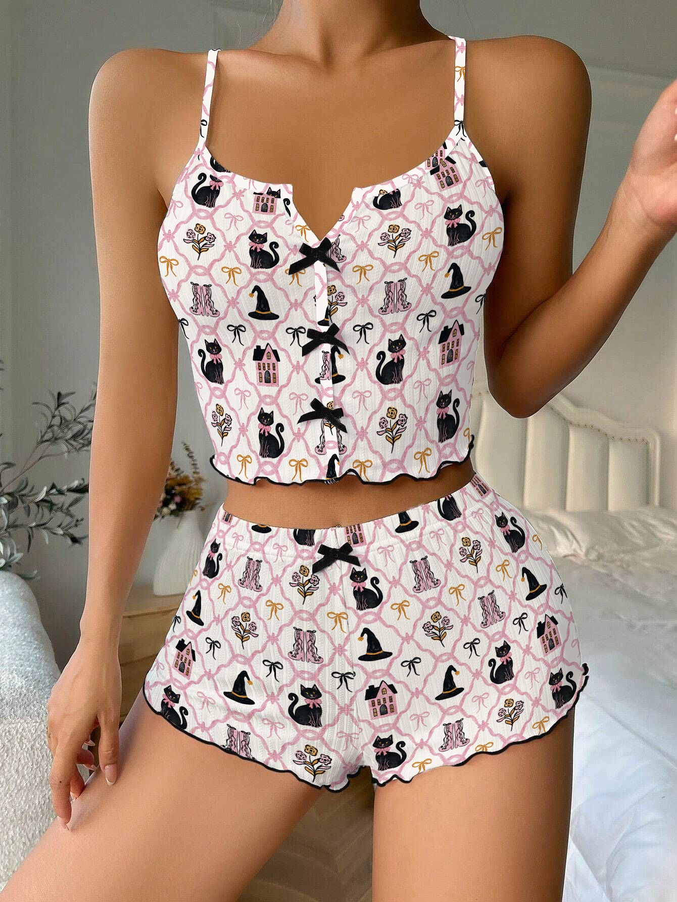 Halloween Cute Pink And Black Cat Bow Ribbed Knit Pajama Set For Women