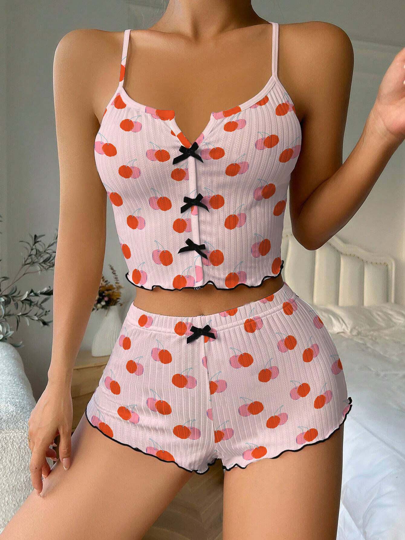 Cherry Pink Bow Ribbed Knit Pajama Set For Women