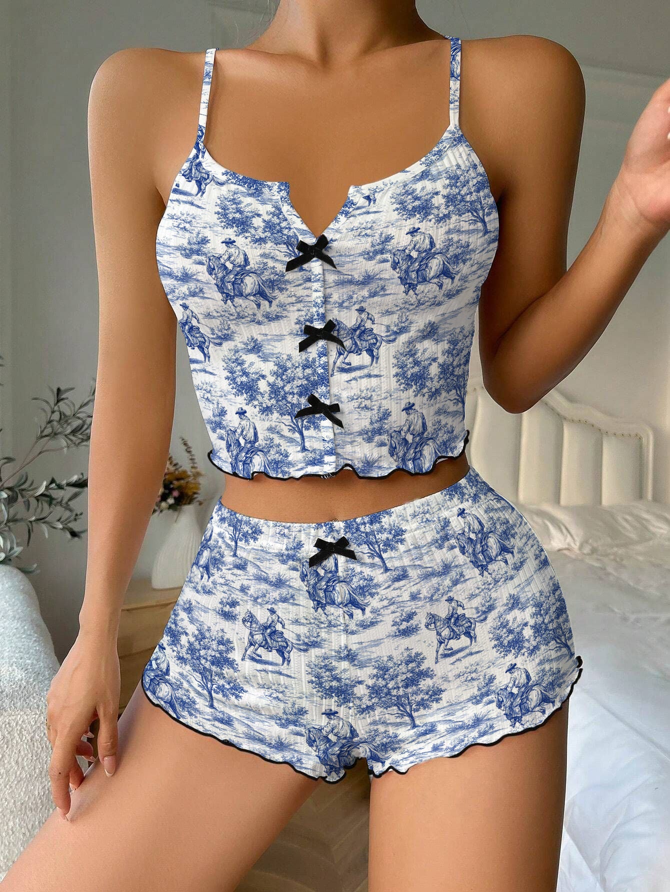 Blue Cowboy Toile De Jouy Bow Ribbed Knit Pajama Set For Women