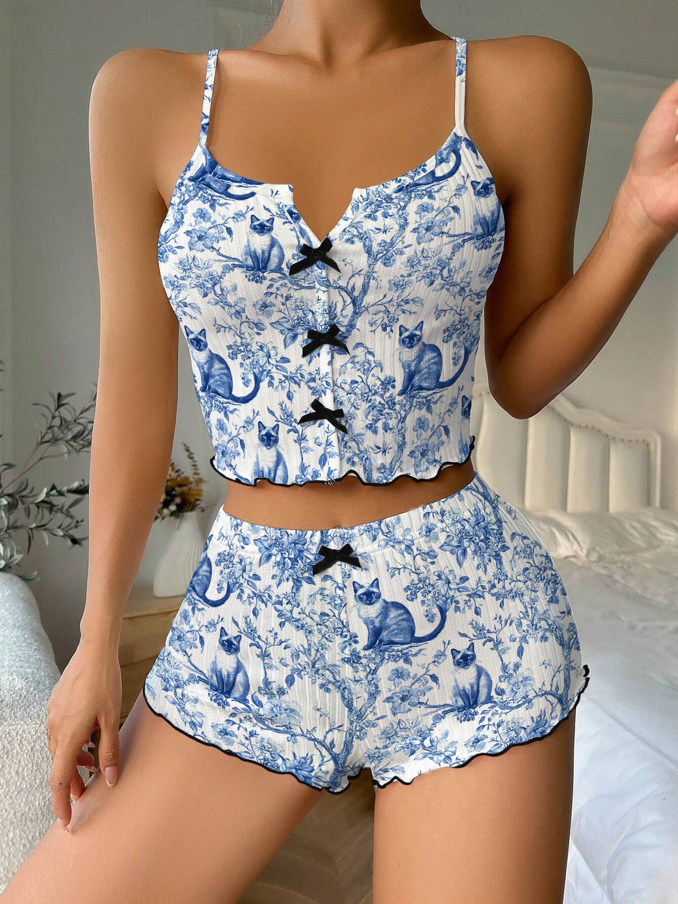 Blue Siamese Cat Bow Ribbed Knit Pajama Set For Women