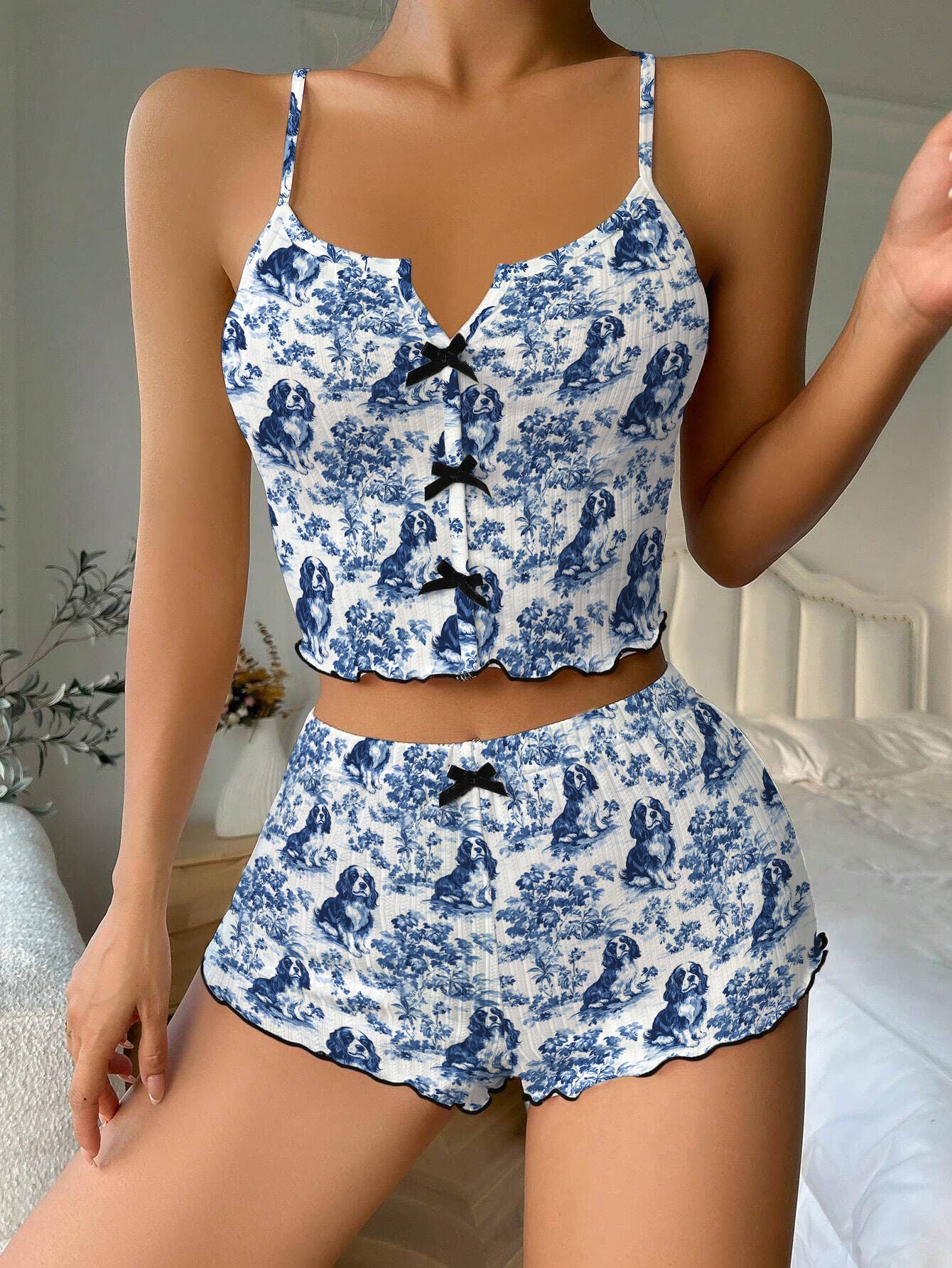 Cavalier King Charles Spaniel Blue Bow Ribbed Knit Pajama Set For Women