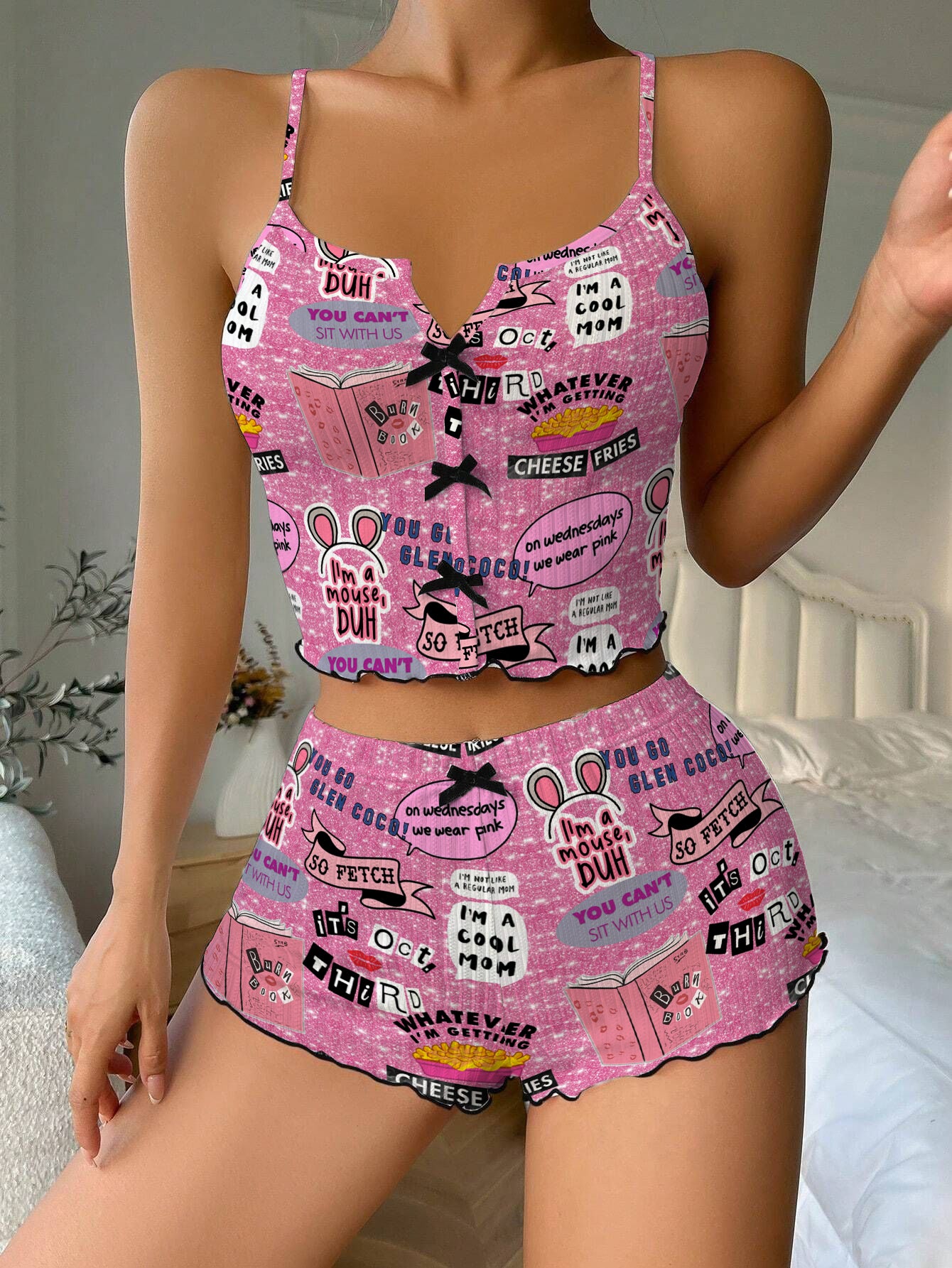 Mean girls Pink Bow Ribbed Knit Pajama Set For Women