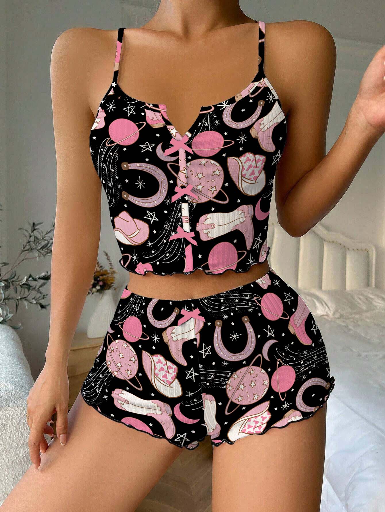 Cosmic Cowgirl Black Pink Bow Ribbed Knit Pajama Set For Women