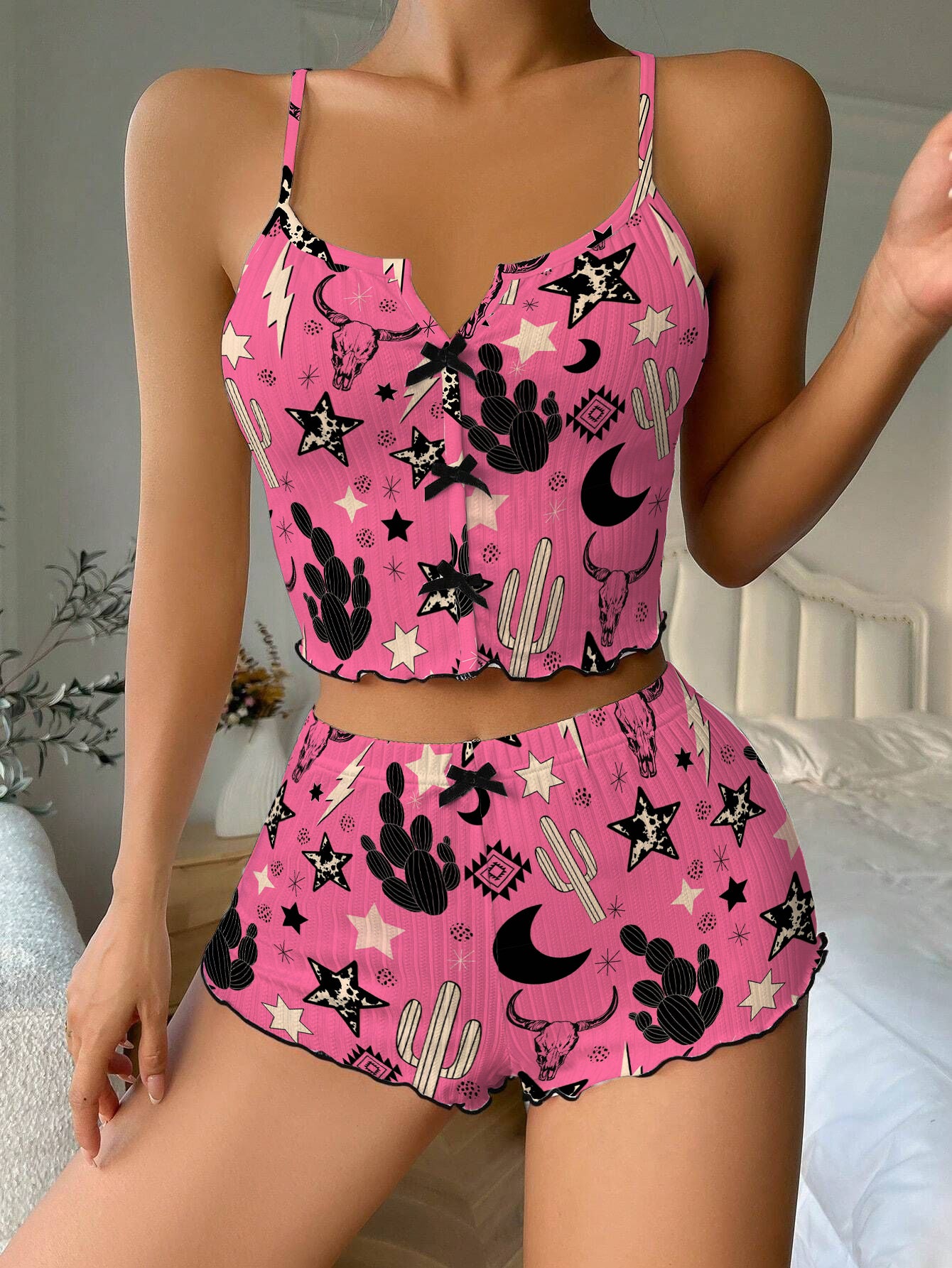 Pink Western Cowgirl Bow Ribbed Knit Pajama Set For Women