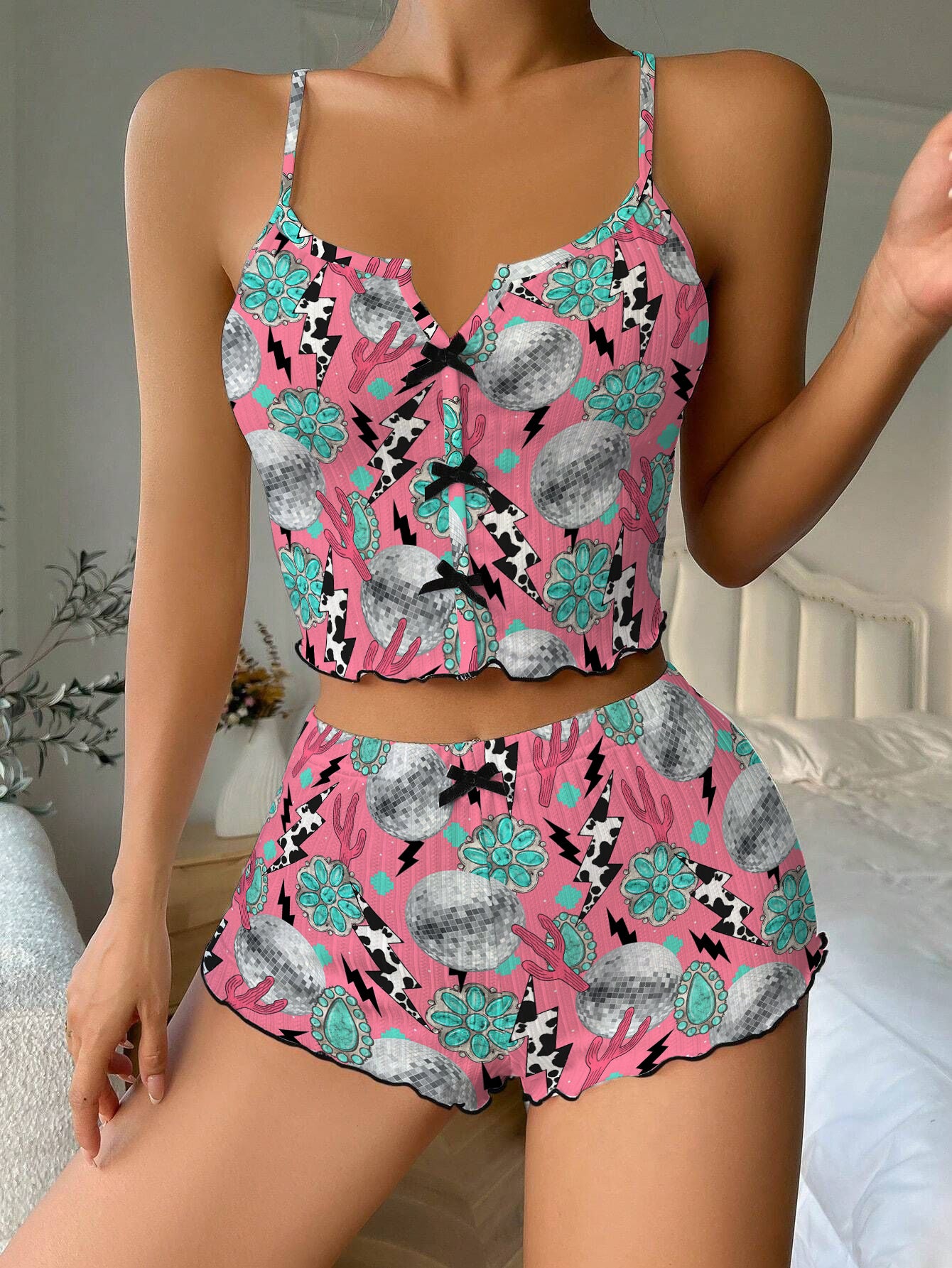 Pink Coastal Cowgirl Bow Ribbed Knit Pajama Set For Women