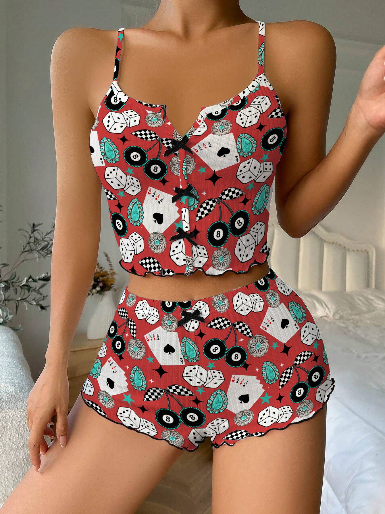 Red Western Cowgirl Bow Ribbed Knit Pajama Set For Women