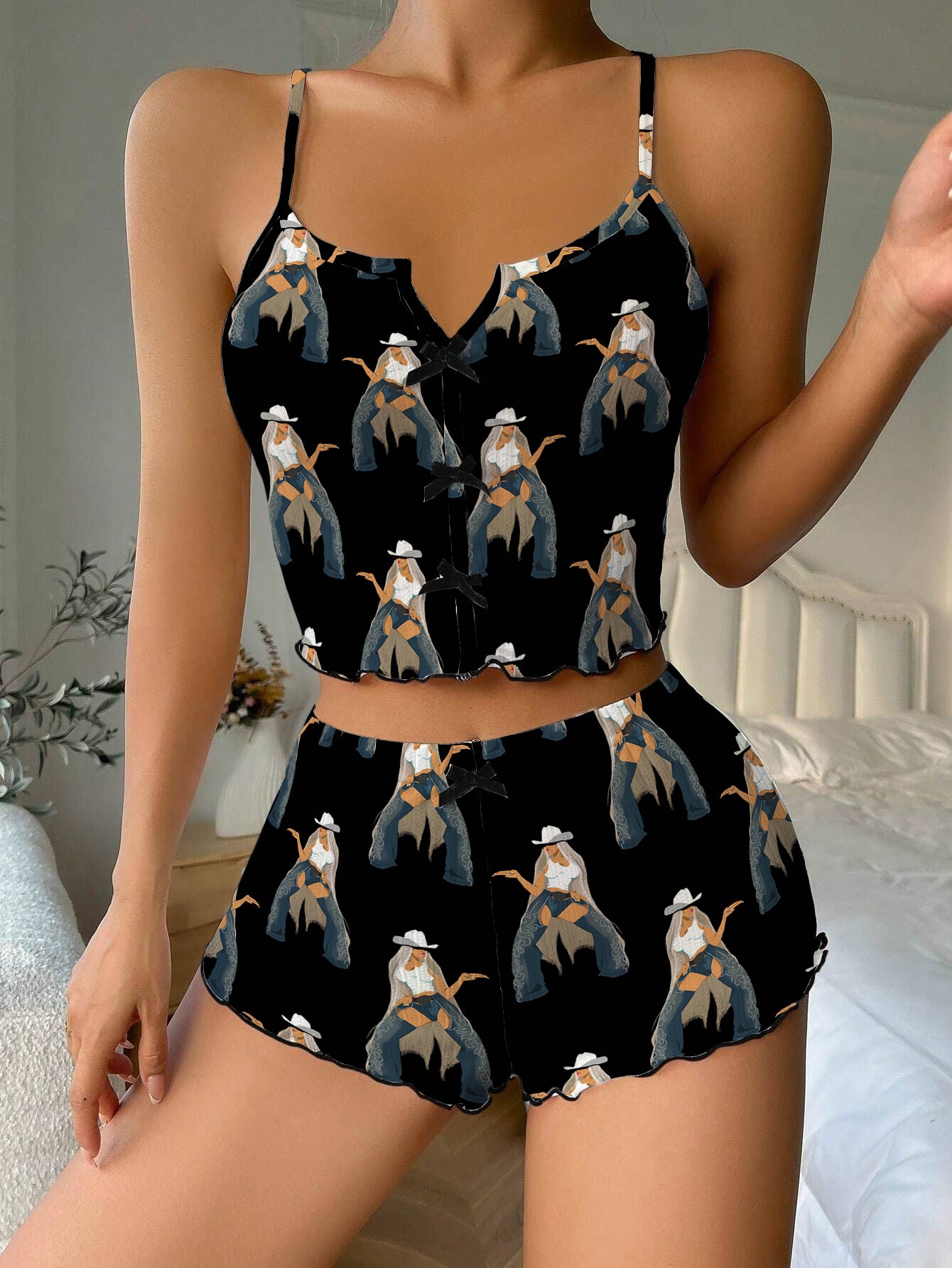 Beyoncé YaYa Cowboy Carter Bow Ribbed Knit Pajama Set For Women