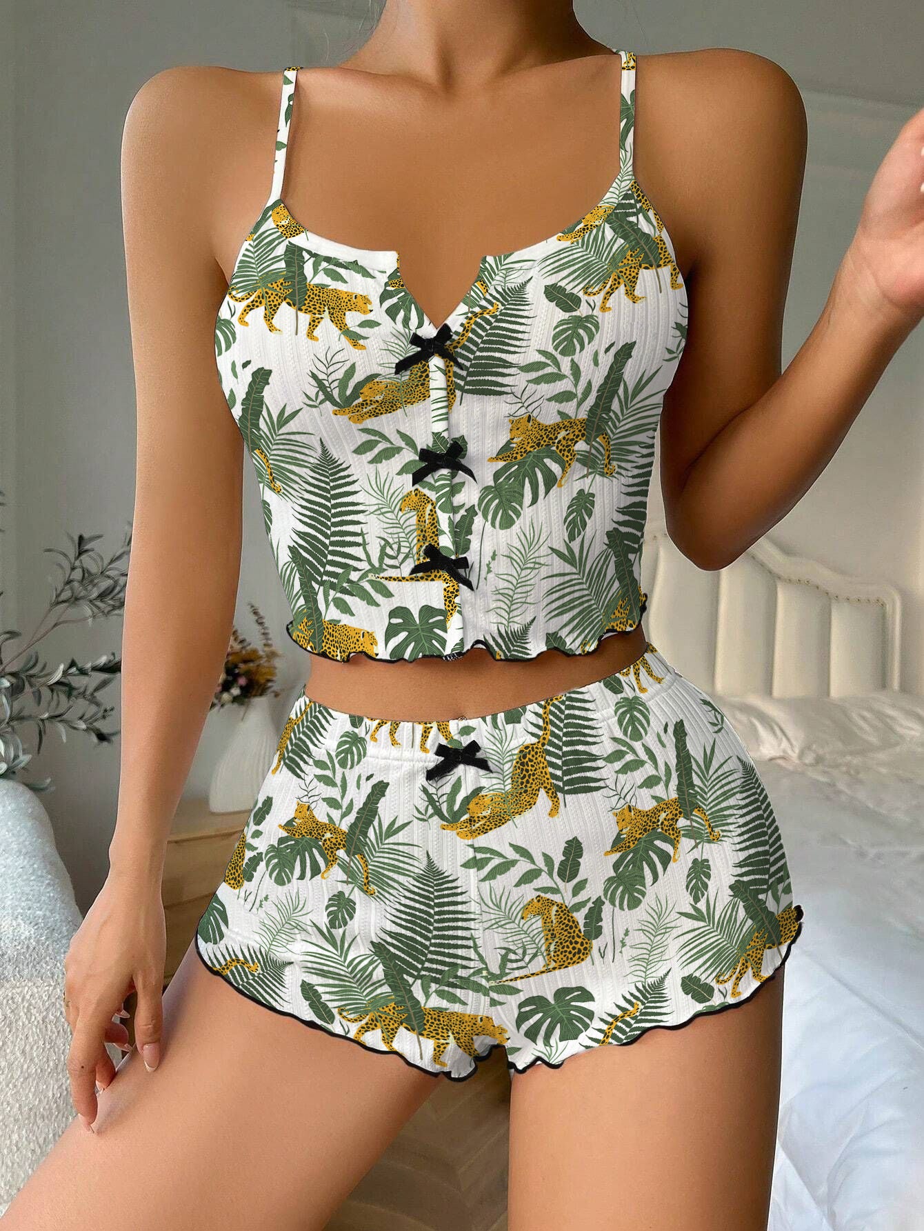 Leopard Tiger Tropical Bow Ribbed Knit Pajama Set For Women