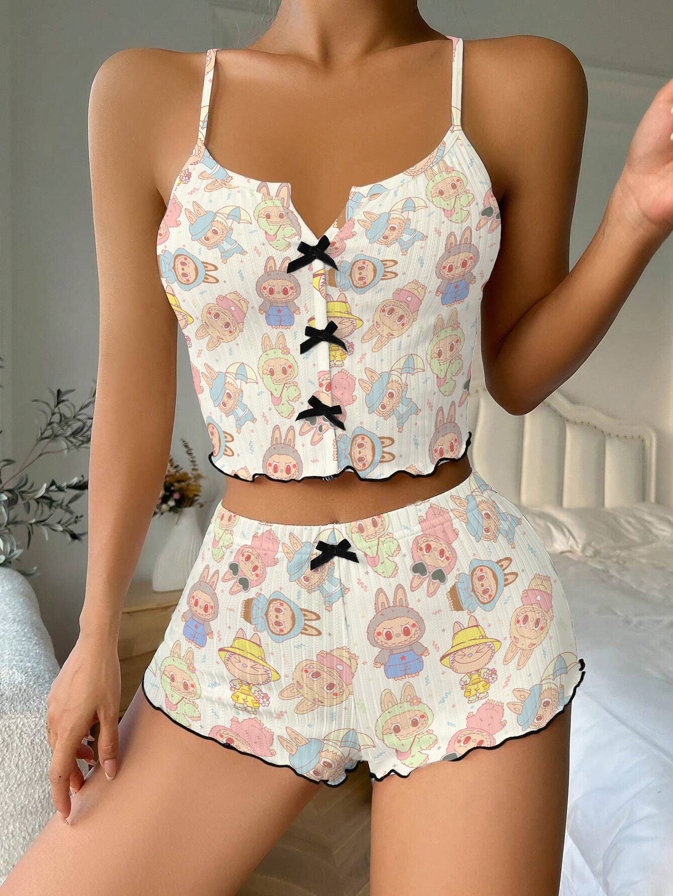 Magical Monsters Doll Bow Ribbed Knit Pajama Set For Women