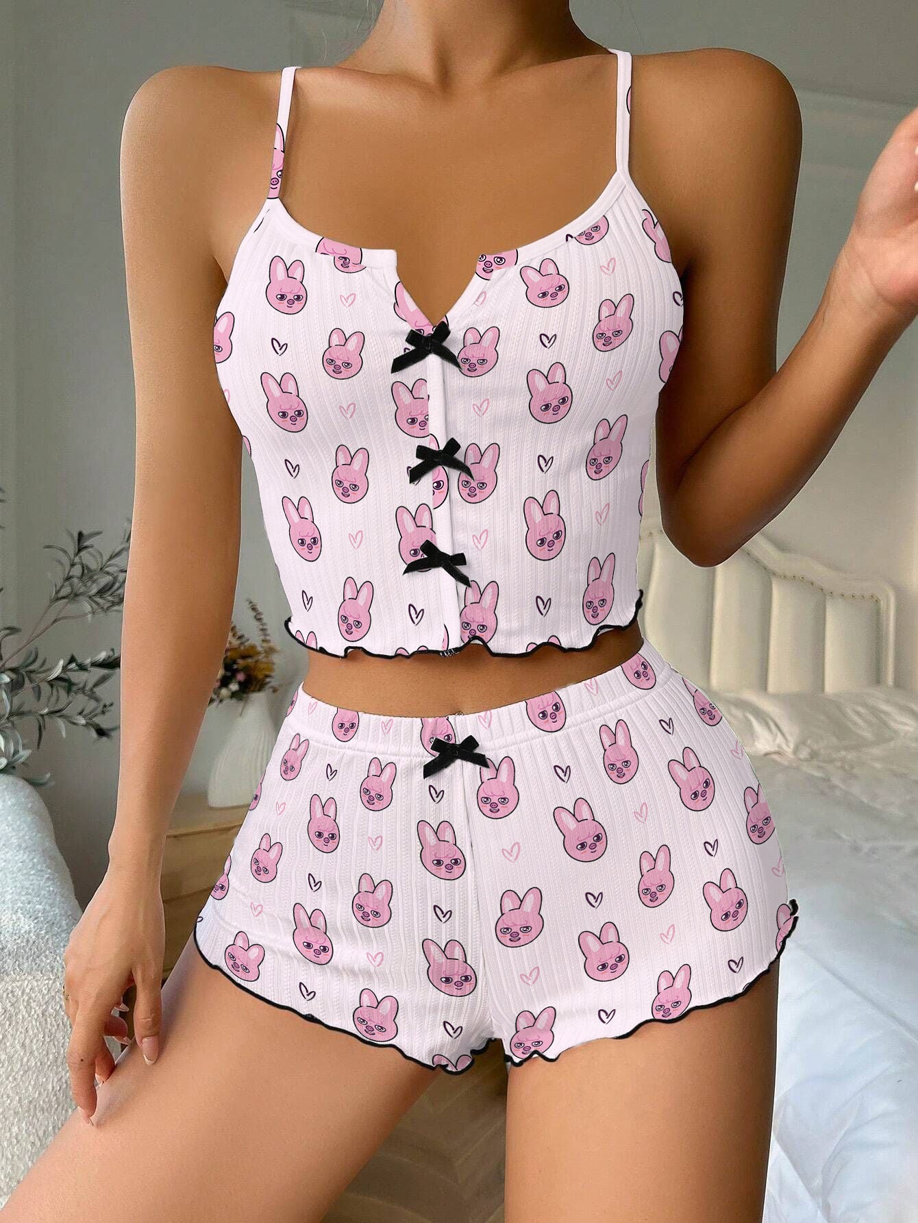 Stray Kids Tour Domin ATE Bow Ribbed Knit Pajama Set For Women