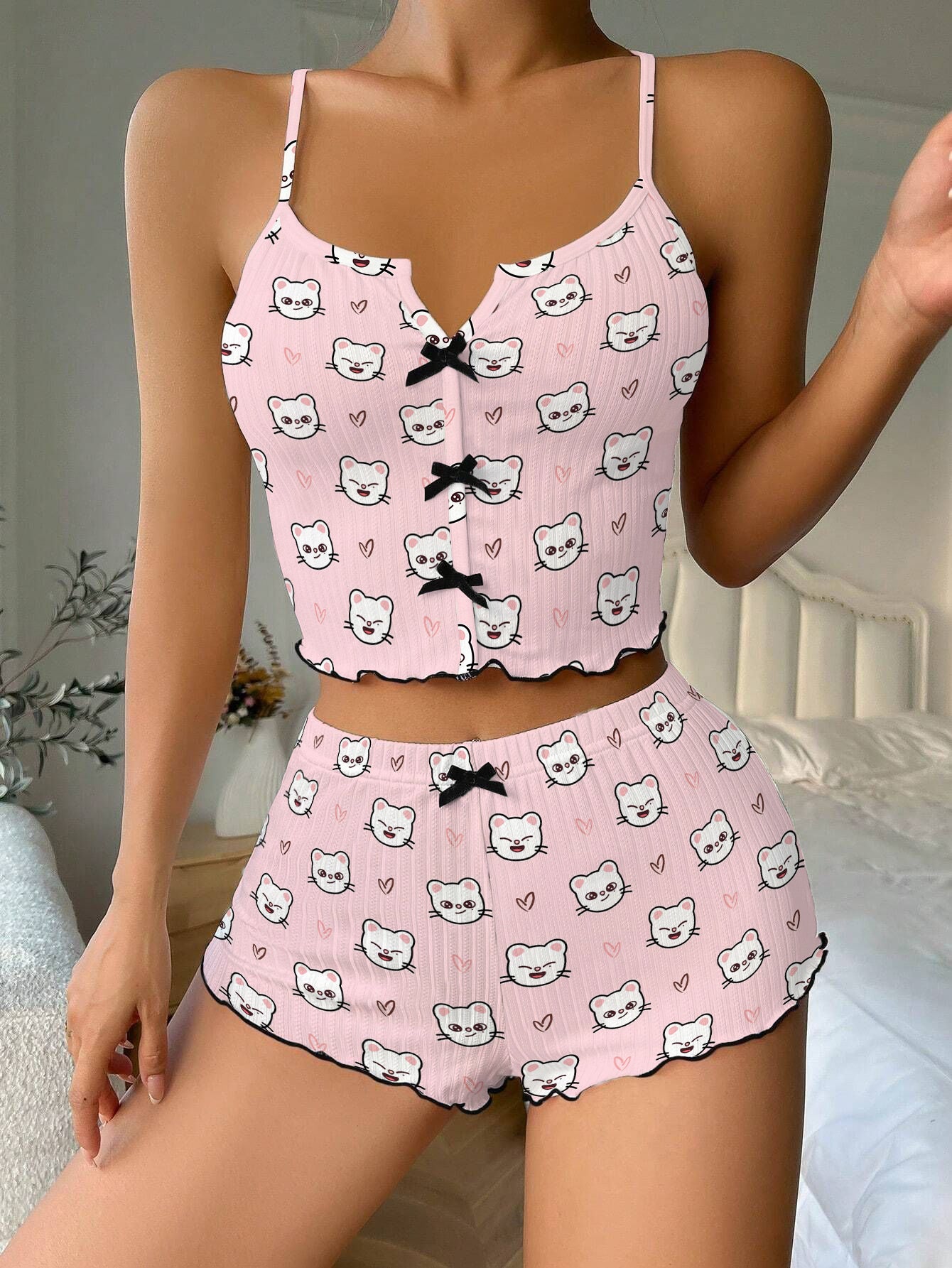 Stray Kids Tour Domin ATE Bow Ribbed Knit Pajama Set For Women