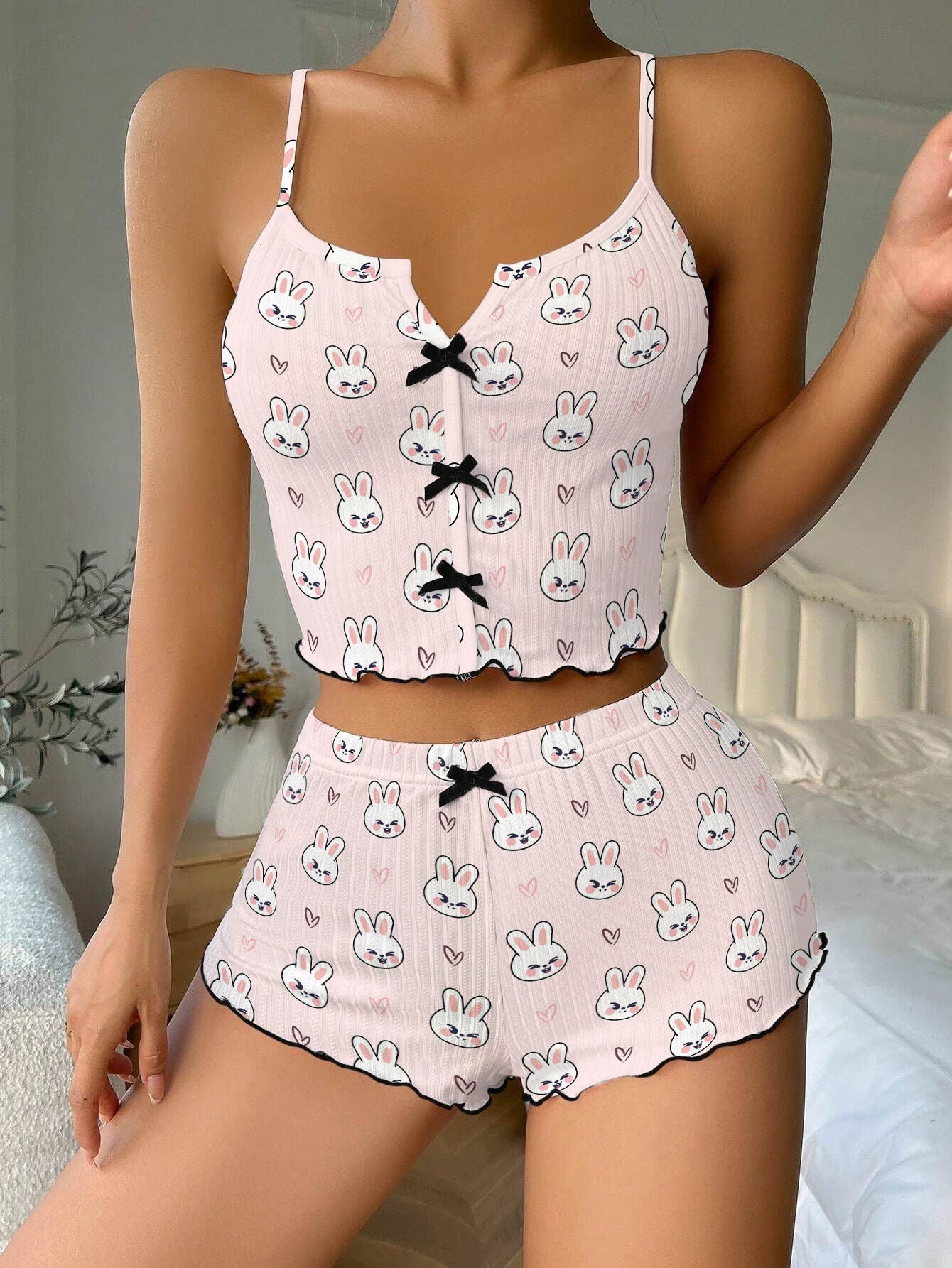 Stray Kids Tour Domin ATE Bow Ribbed Knit Pajama Set For Women