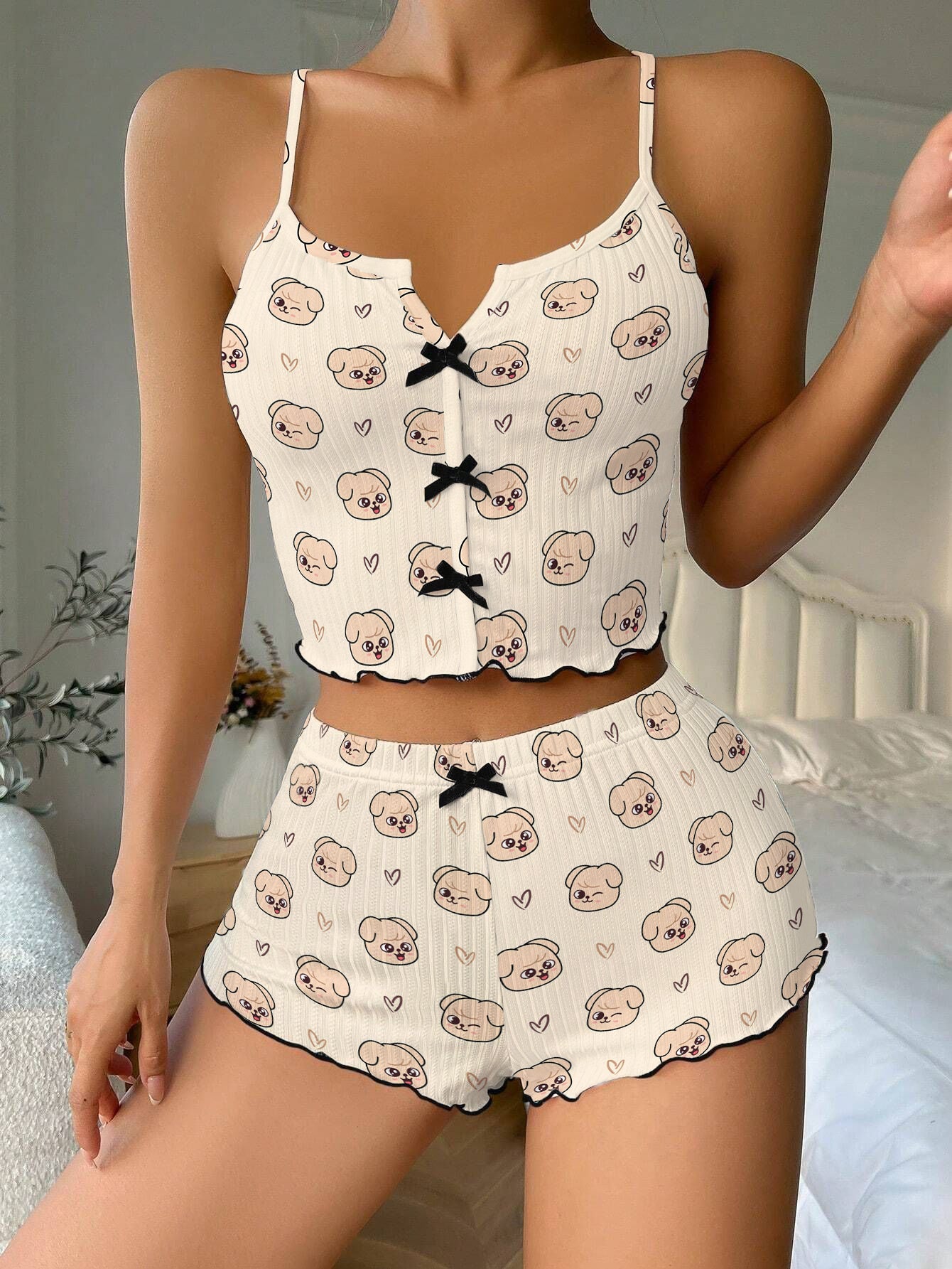 Stray Kids Tour Domin ATE Bow Ribbed Knit Pajama Set For Women