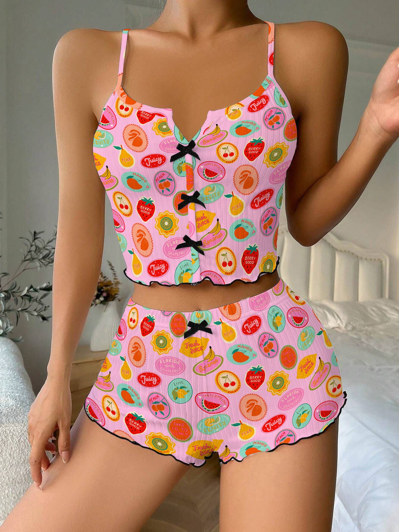 Cute Fruits Stickers Pink Bow Ribbed Knit Pajama Set For Women